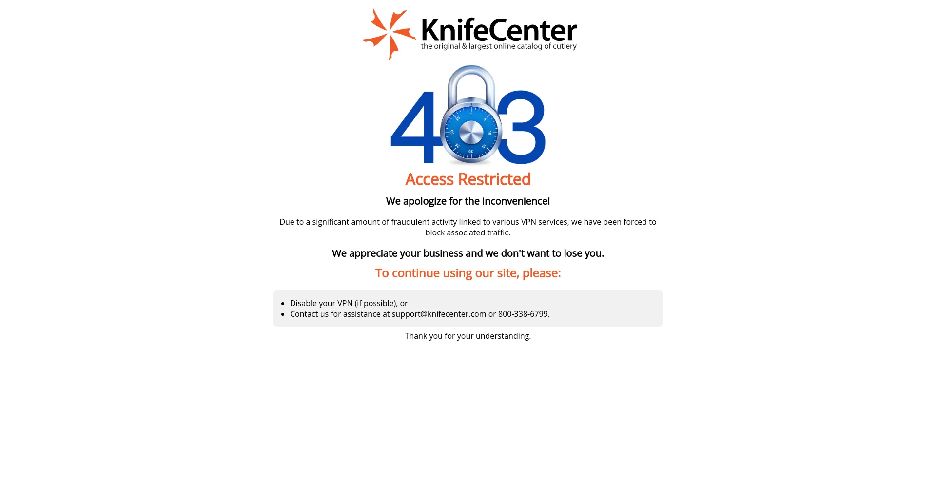 Screenshot of knifecenter.com homepage