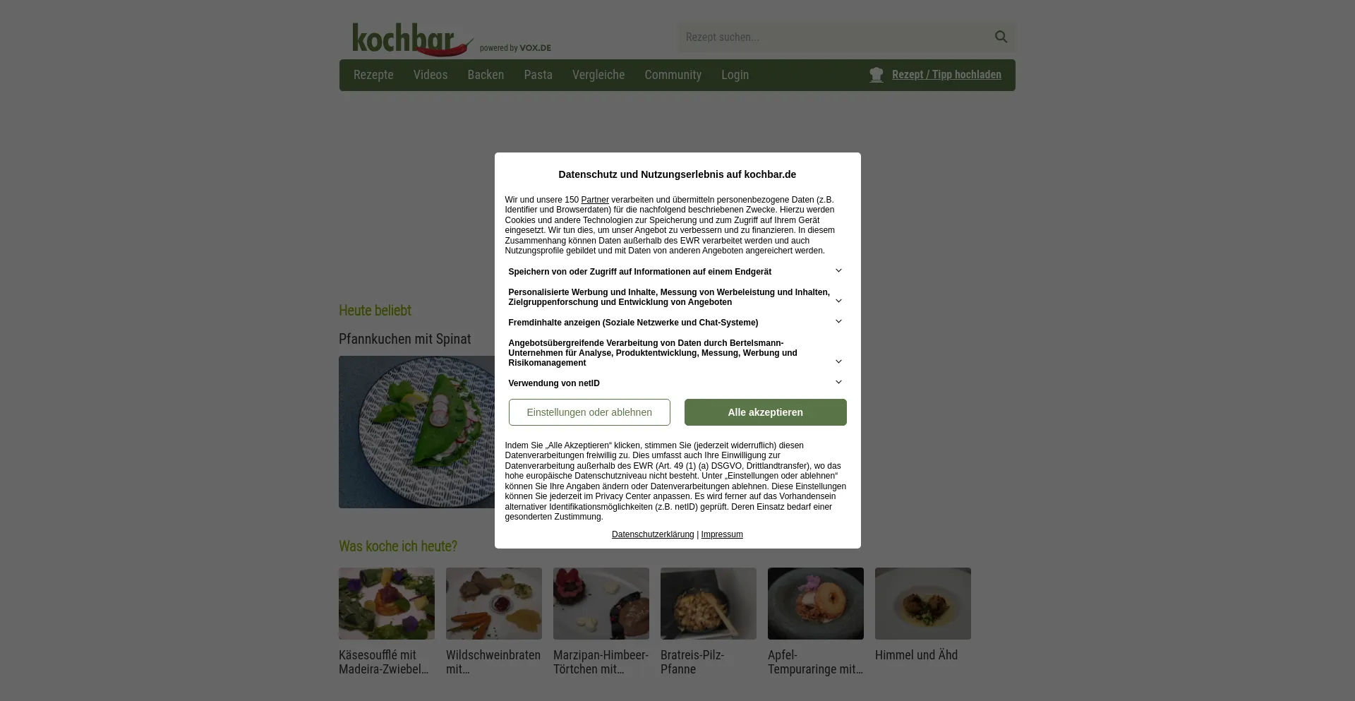 Screenshot of kochbar.de homepage