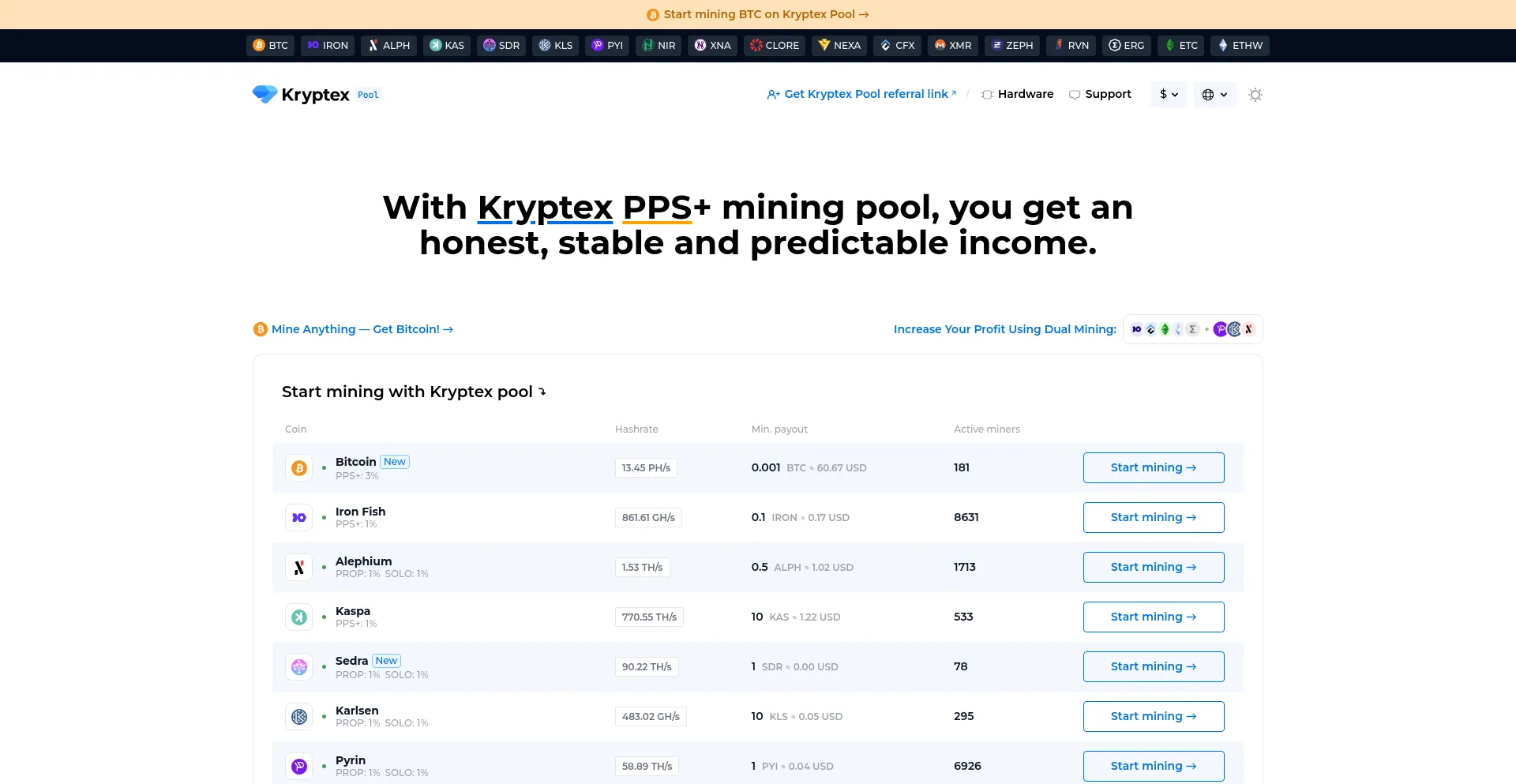 Screenshot of kryptex.network homepage