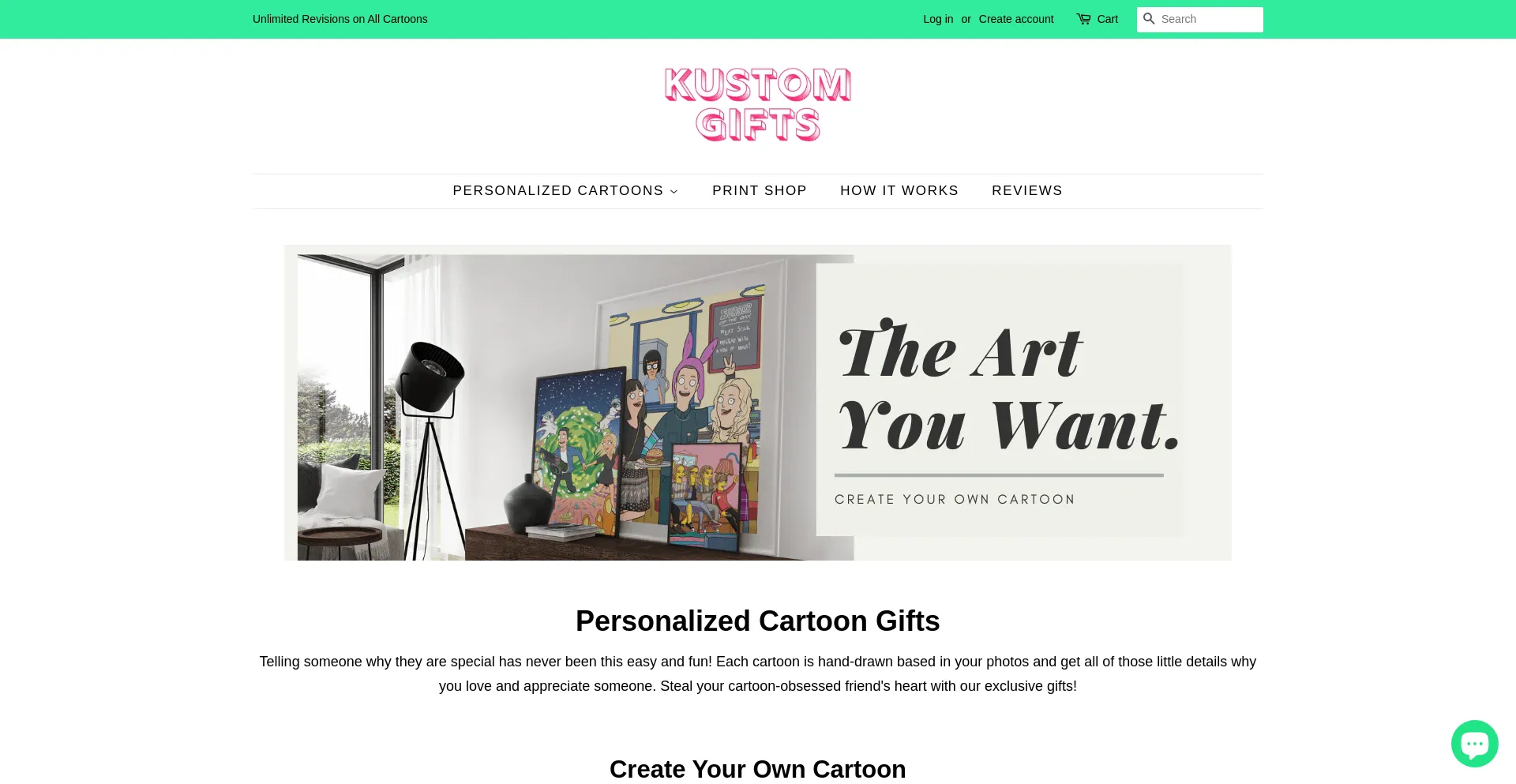 Screenshot of kustomgifts.com homepage