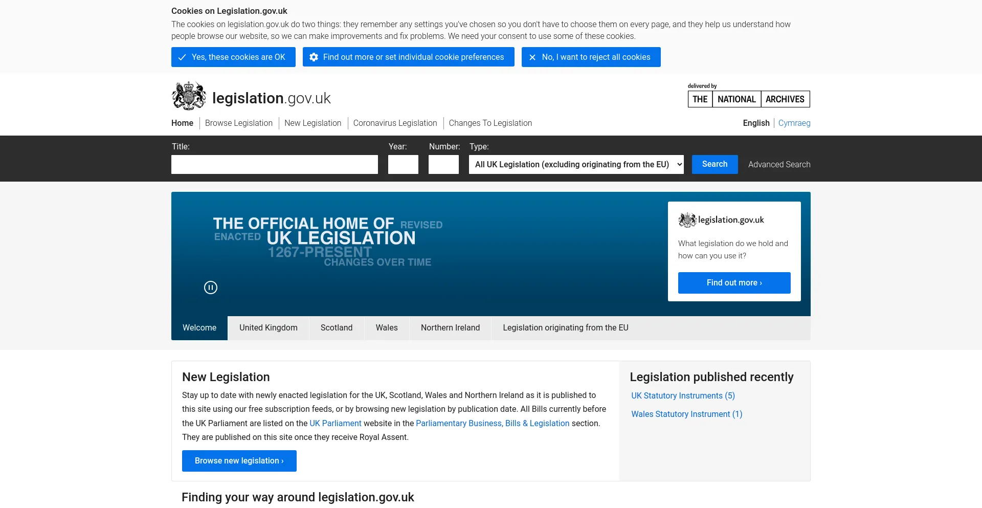 Screenshot of legislation.gov.uk homepage