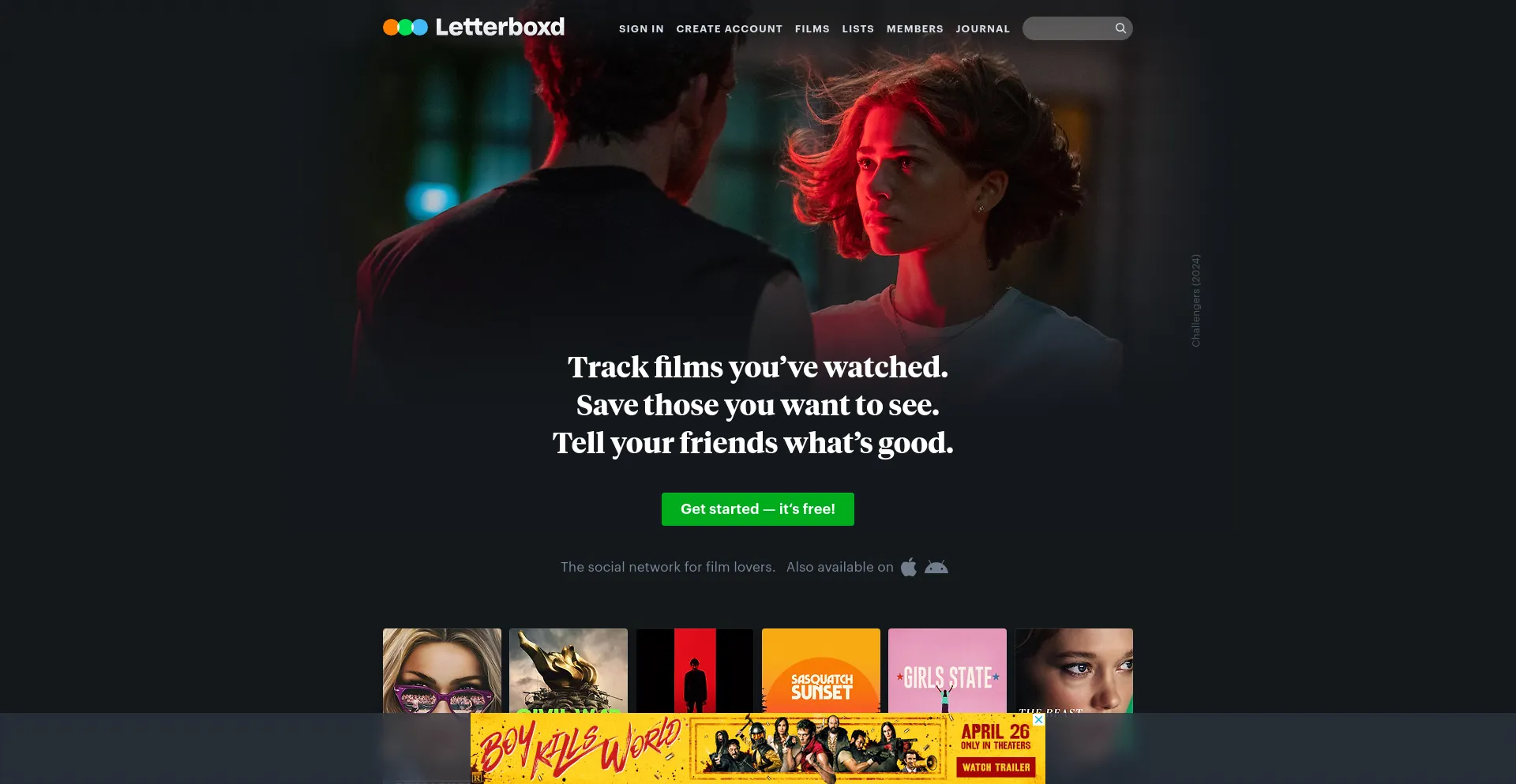 Screenshot of letterboxd.com homepage