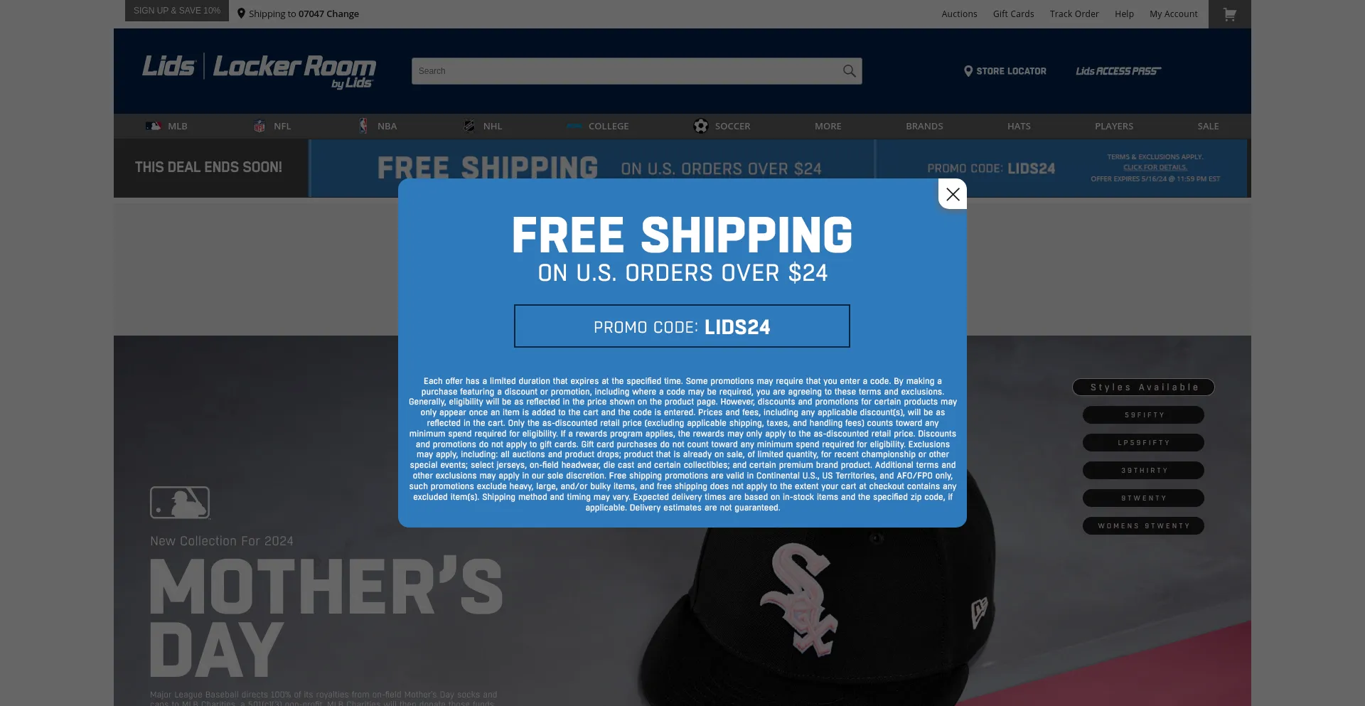 Screenshot of lids.com homepage