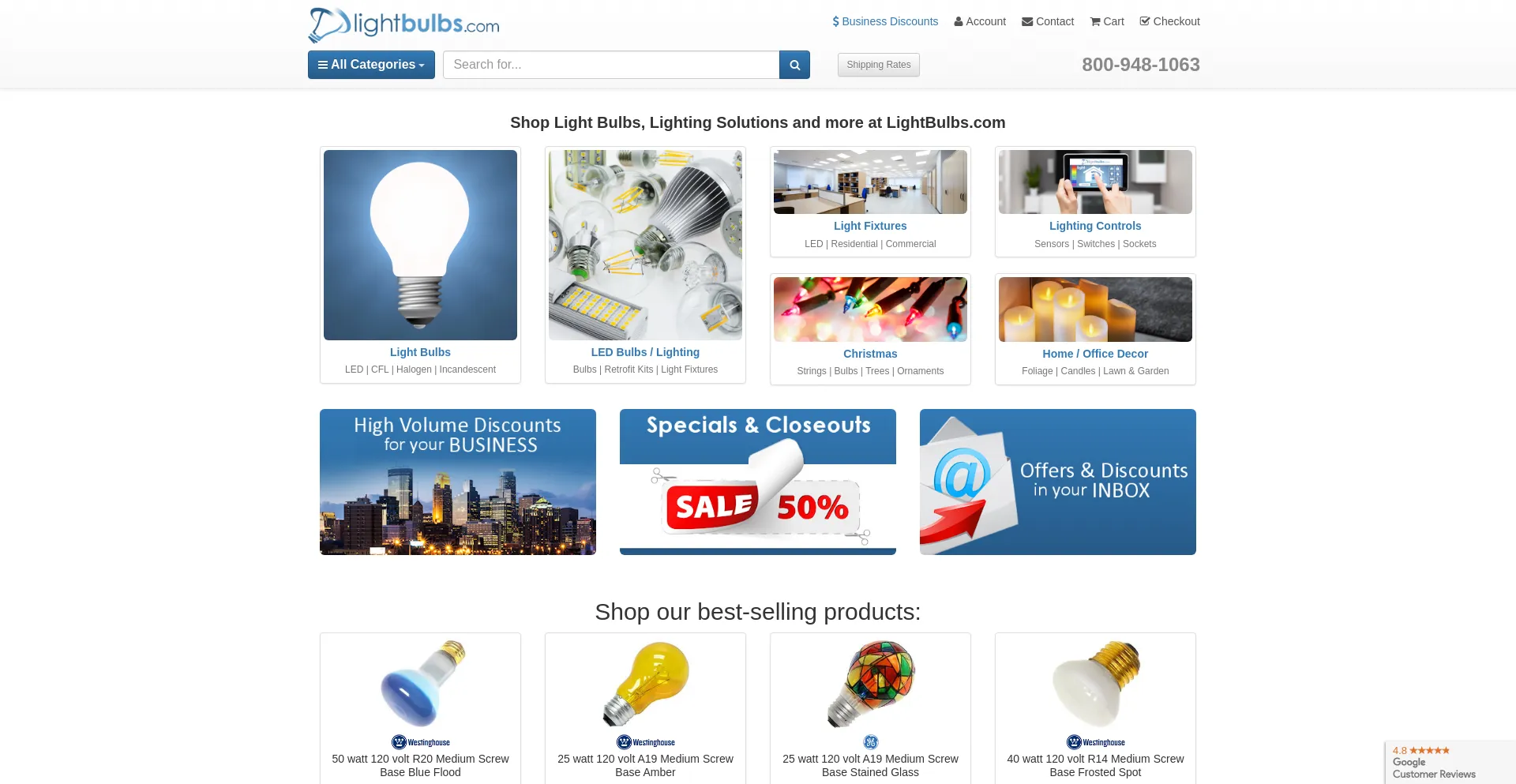 Screenshot of lightbulbs.com homepage