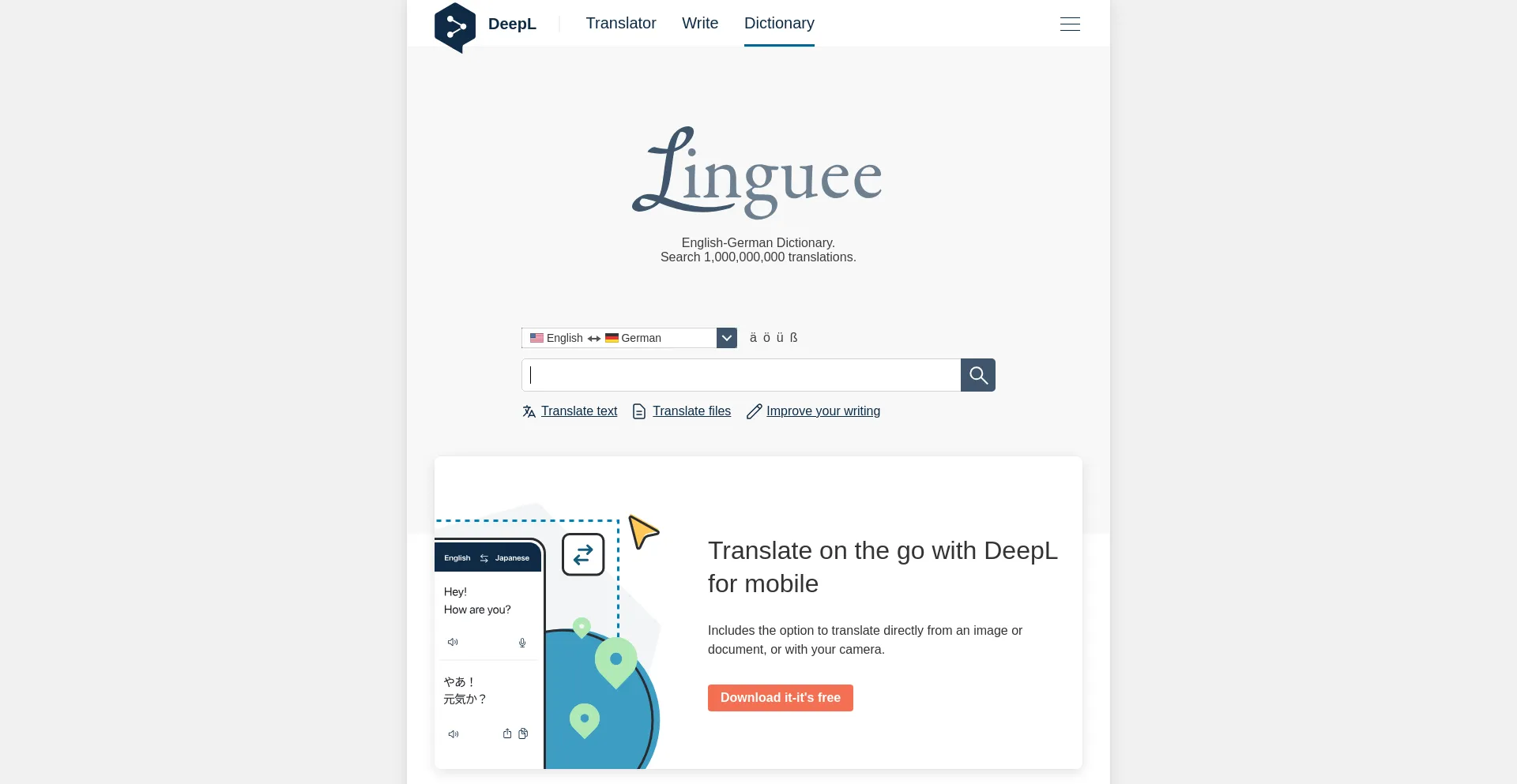 Screenshot of linguee.com homepage