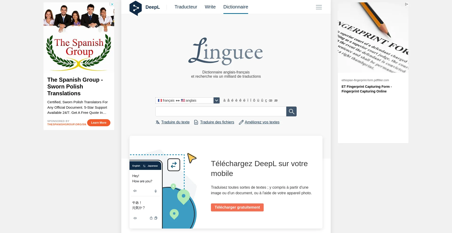 Screenshot of linguee.fr homepage