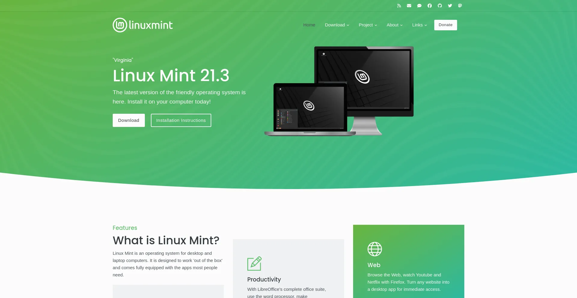 Screenshot of linuxmint.com homepage