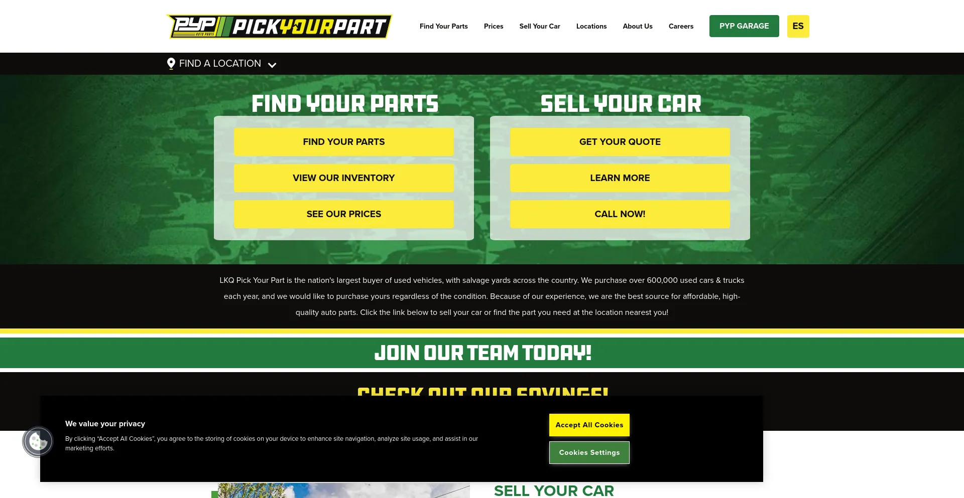 Screenshot of lkqpickyourpart.com homepage