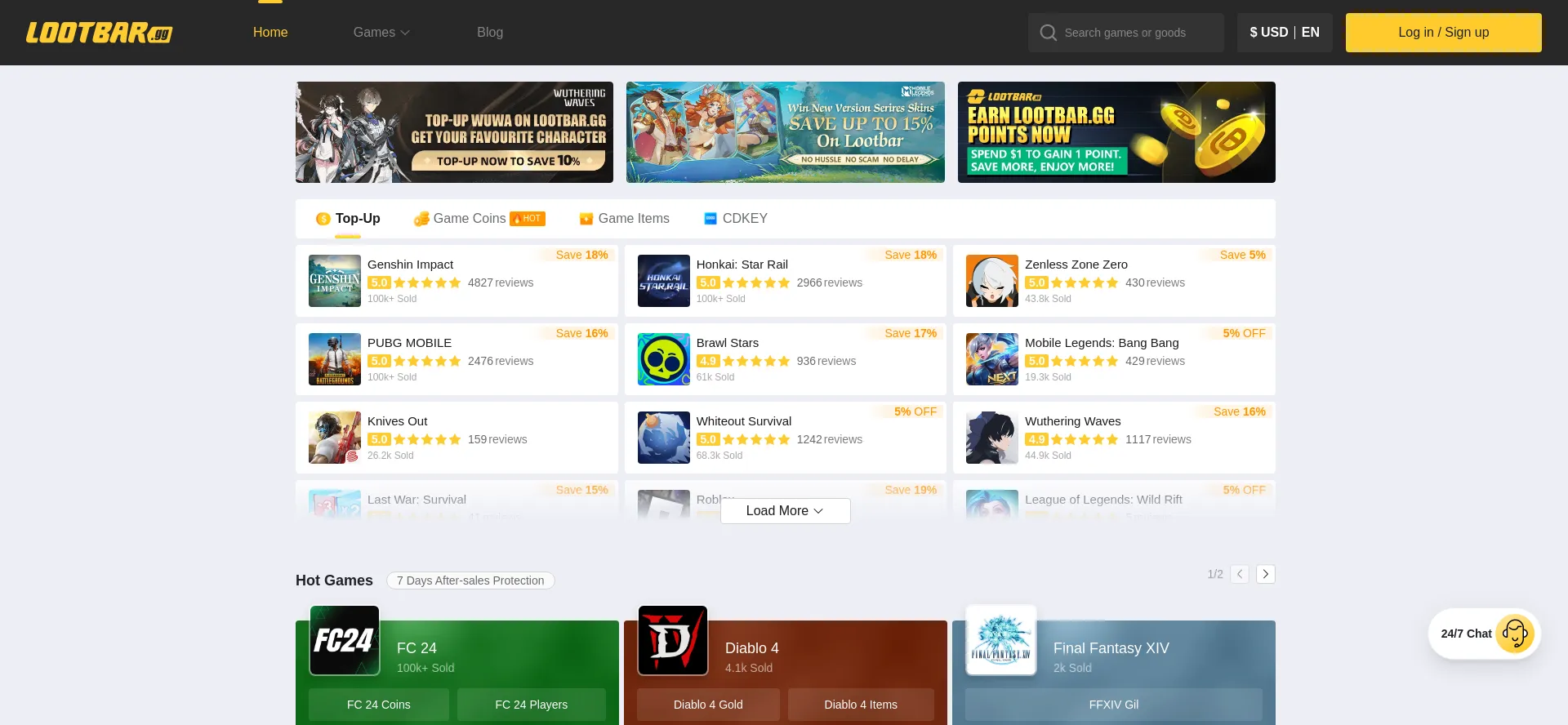 Screenshot of lootbar.gg homepage