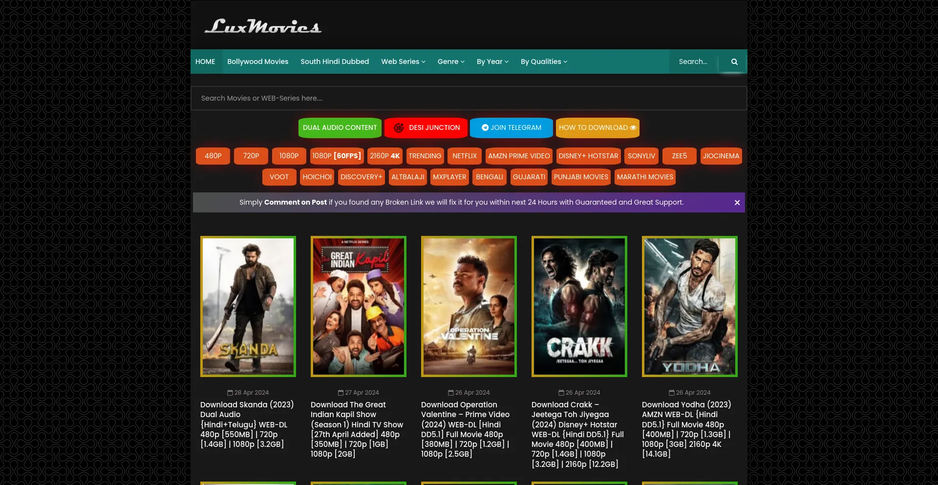 Screenshot of luxmovies.biz homepage