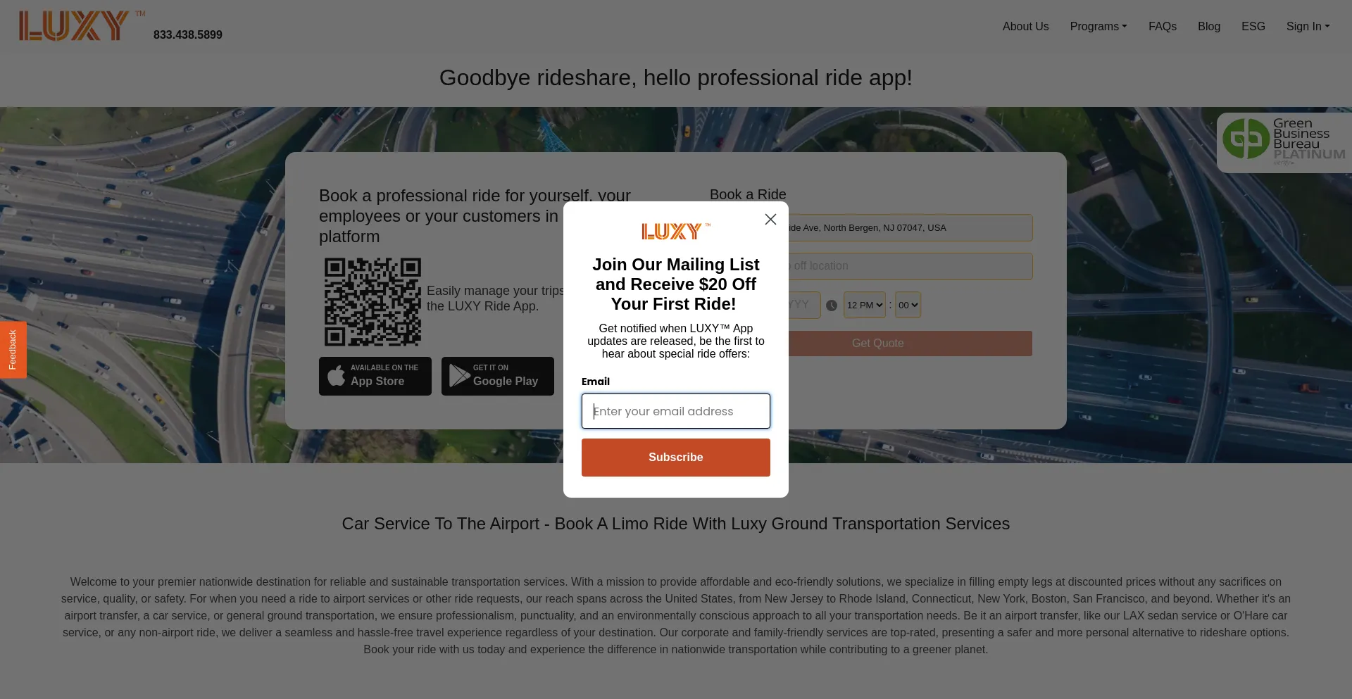 Screenshot of luxyride.com homepage