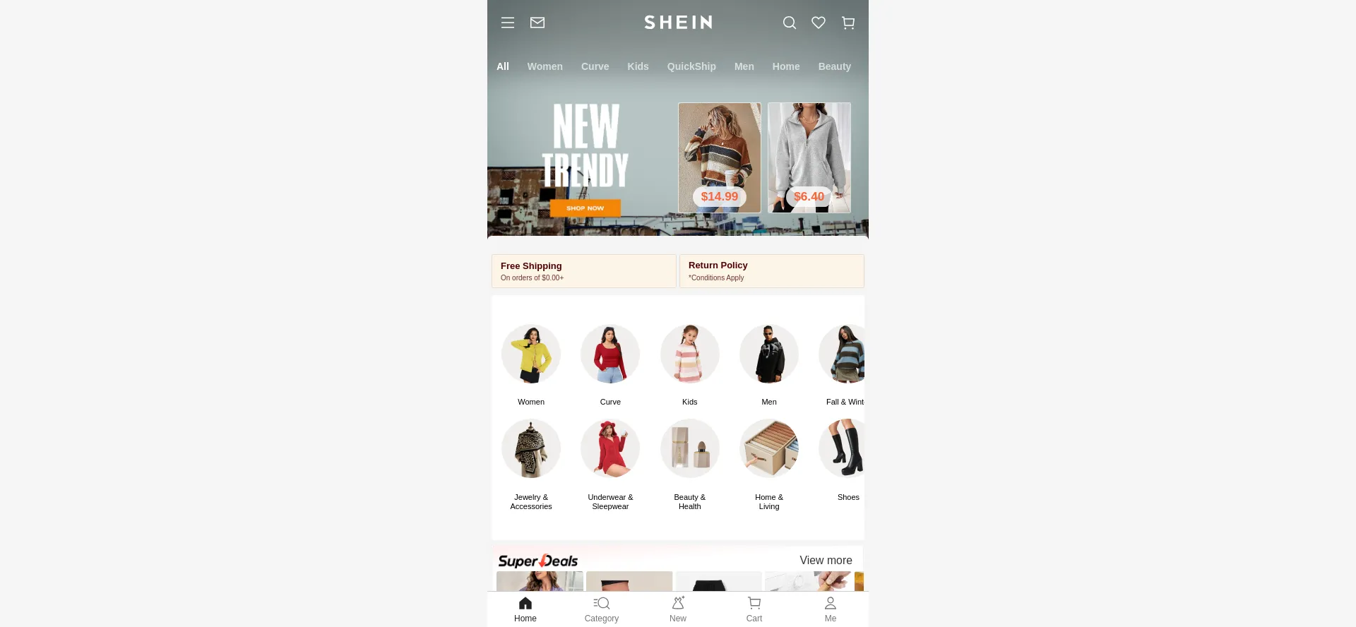 Screenshot of m.shein.com homepage