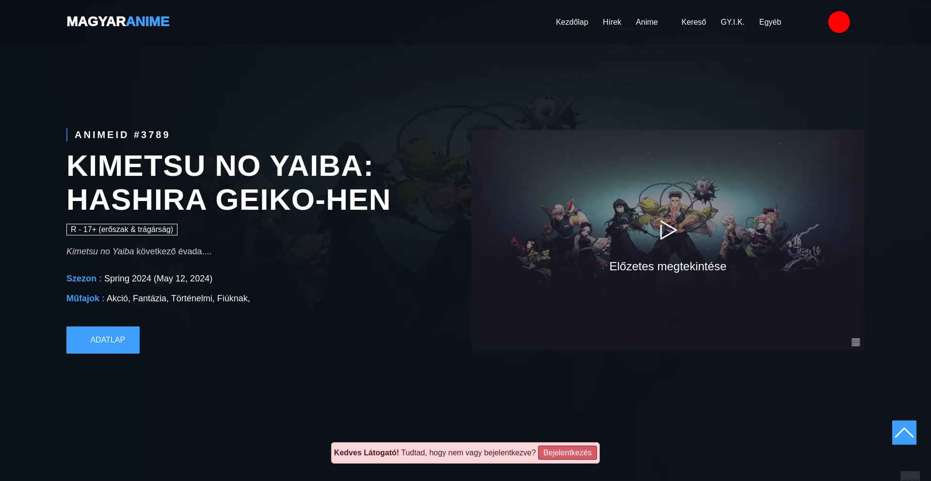 Screenshot of magyaranime.hu homepage