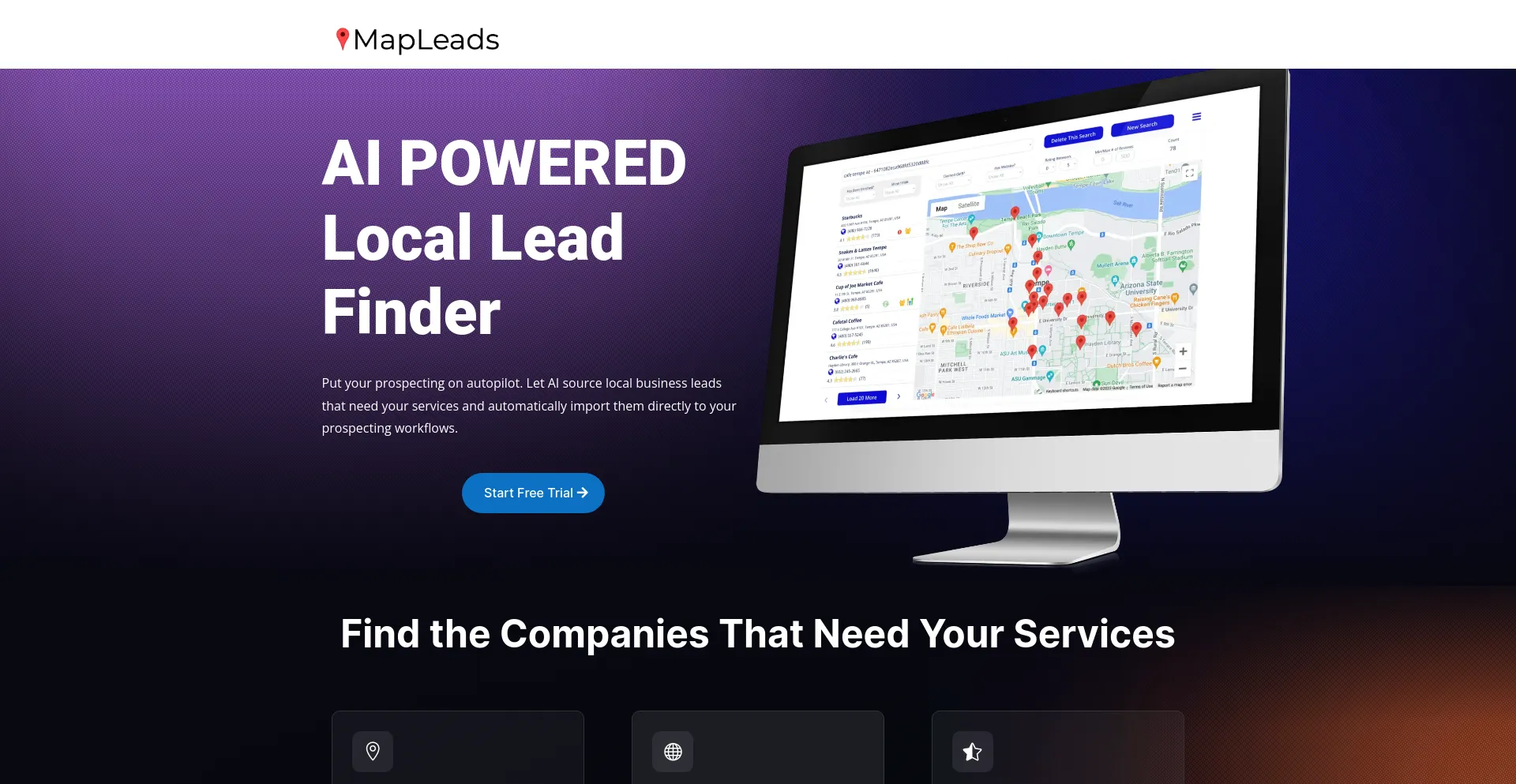 Screenshot of mapleads.io homepage