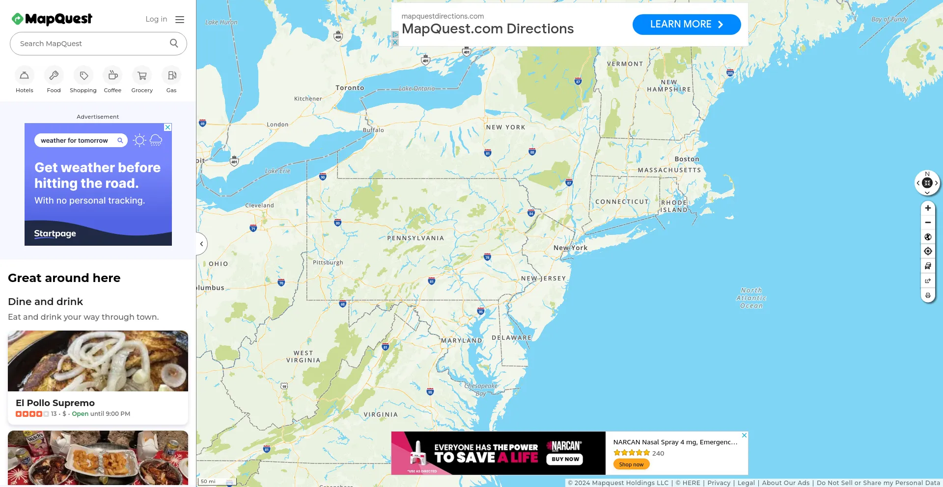 Screenshot of mapquest.com homepage