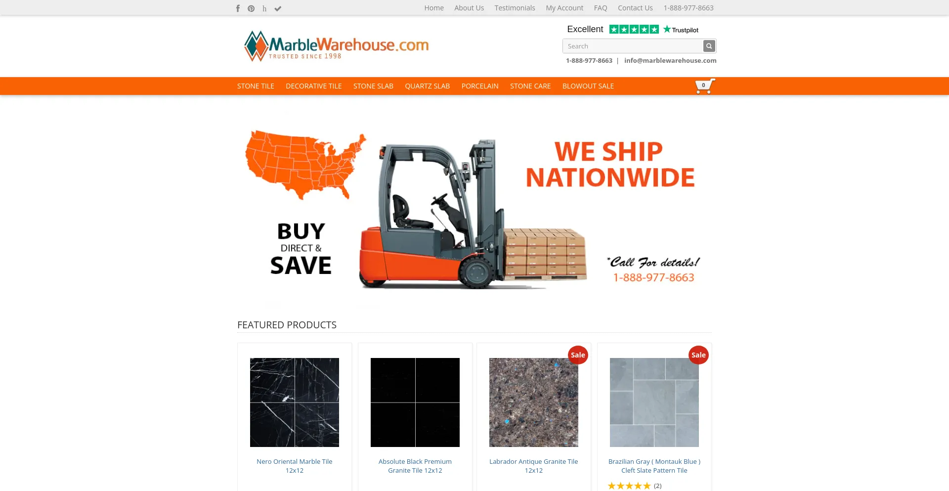 Screenshot of marblewarehouse.com homepage