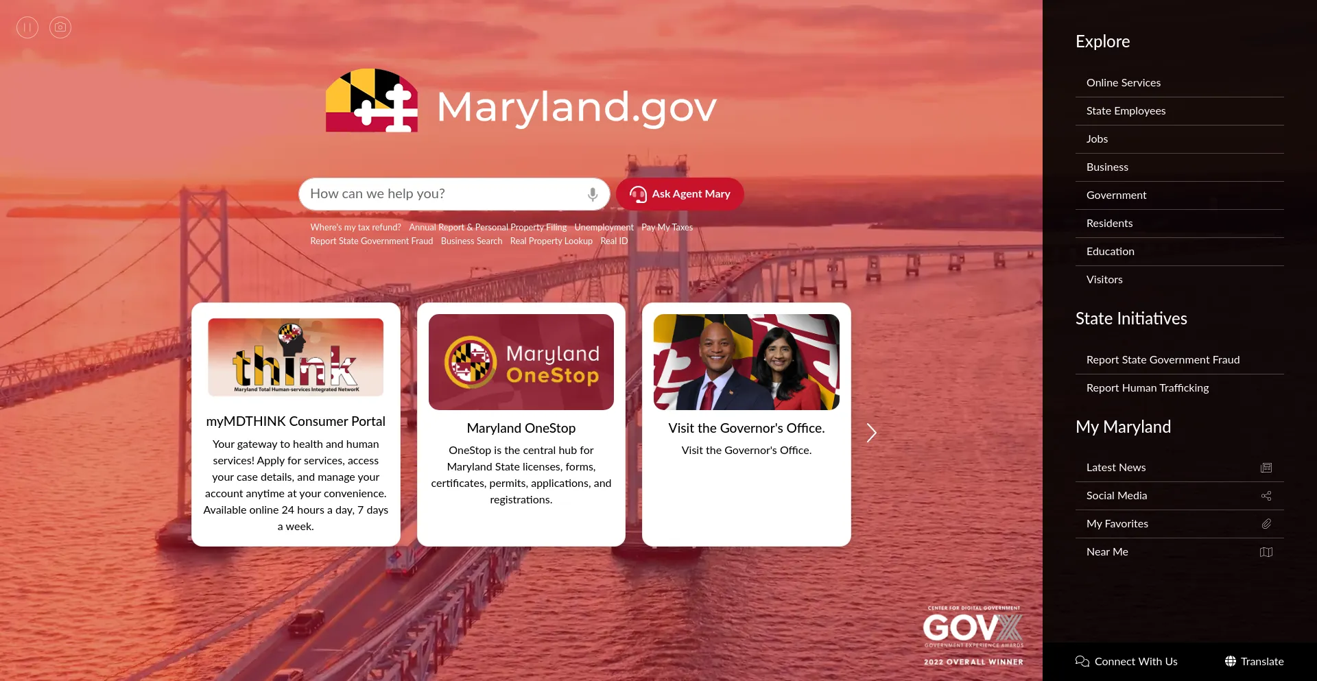 Screenshot of maryland.gov homepage