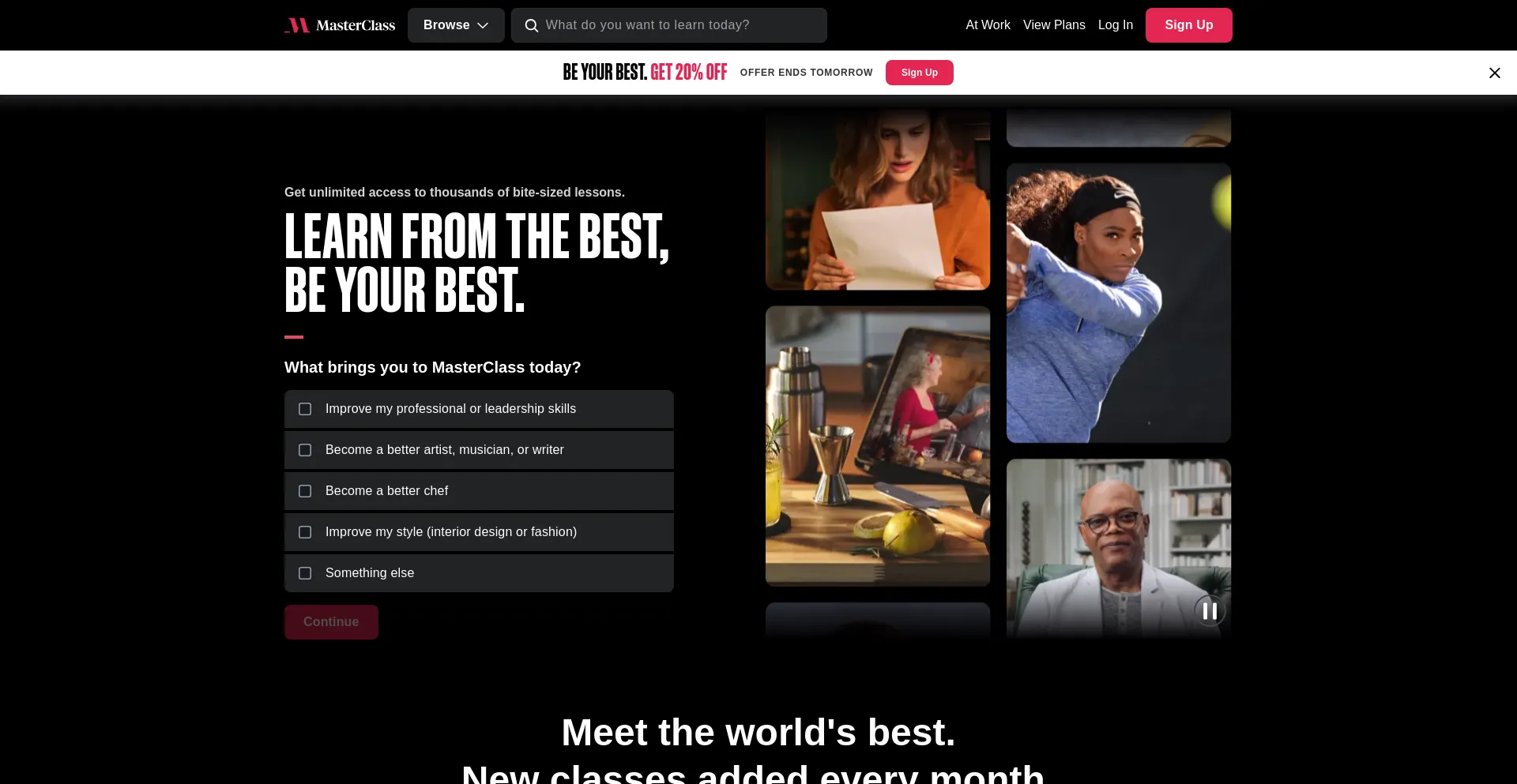 Screenshot of masterclass.com homepage