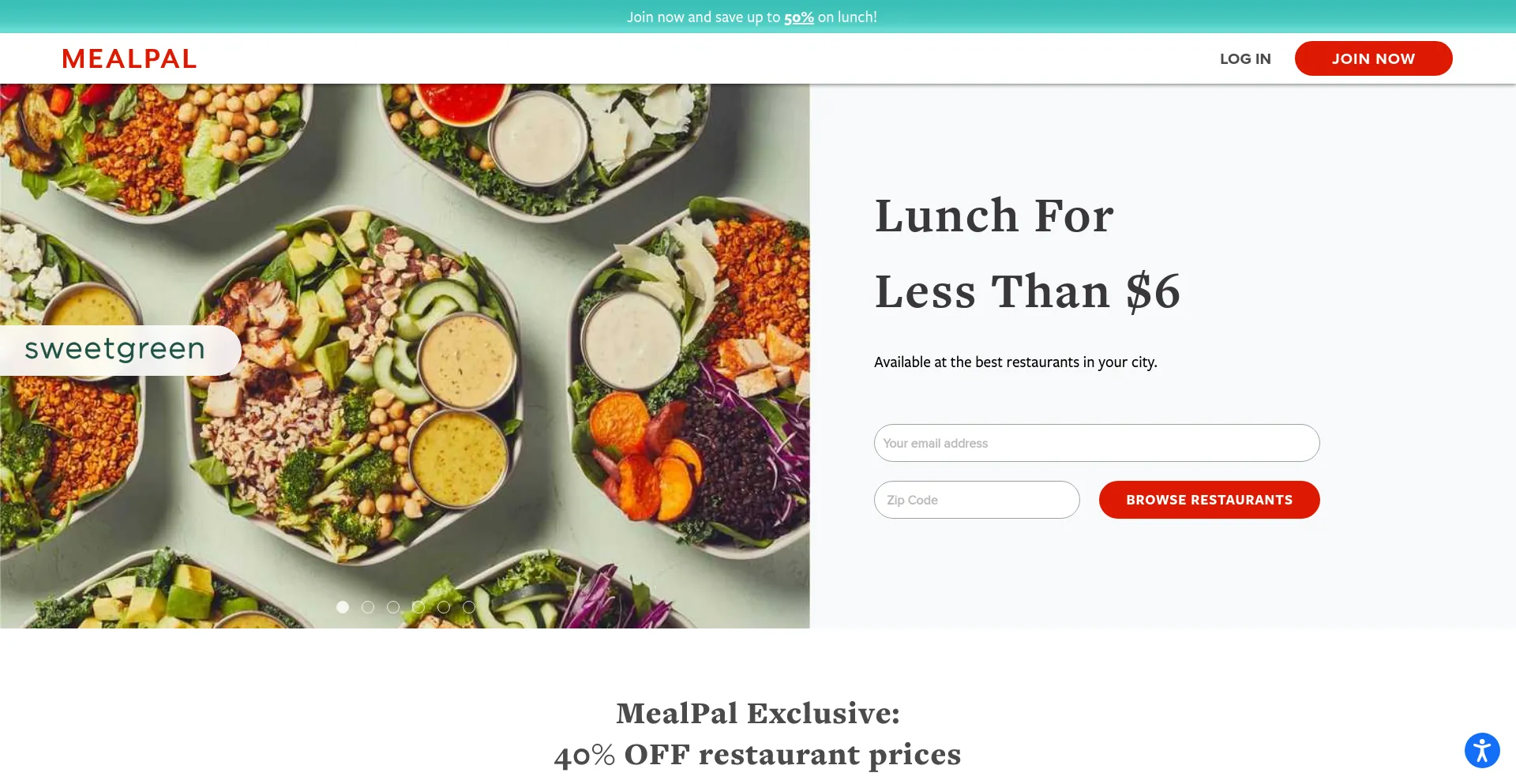 Screenshot of mealpal.com homepage