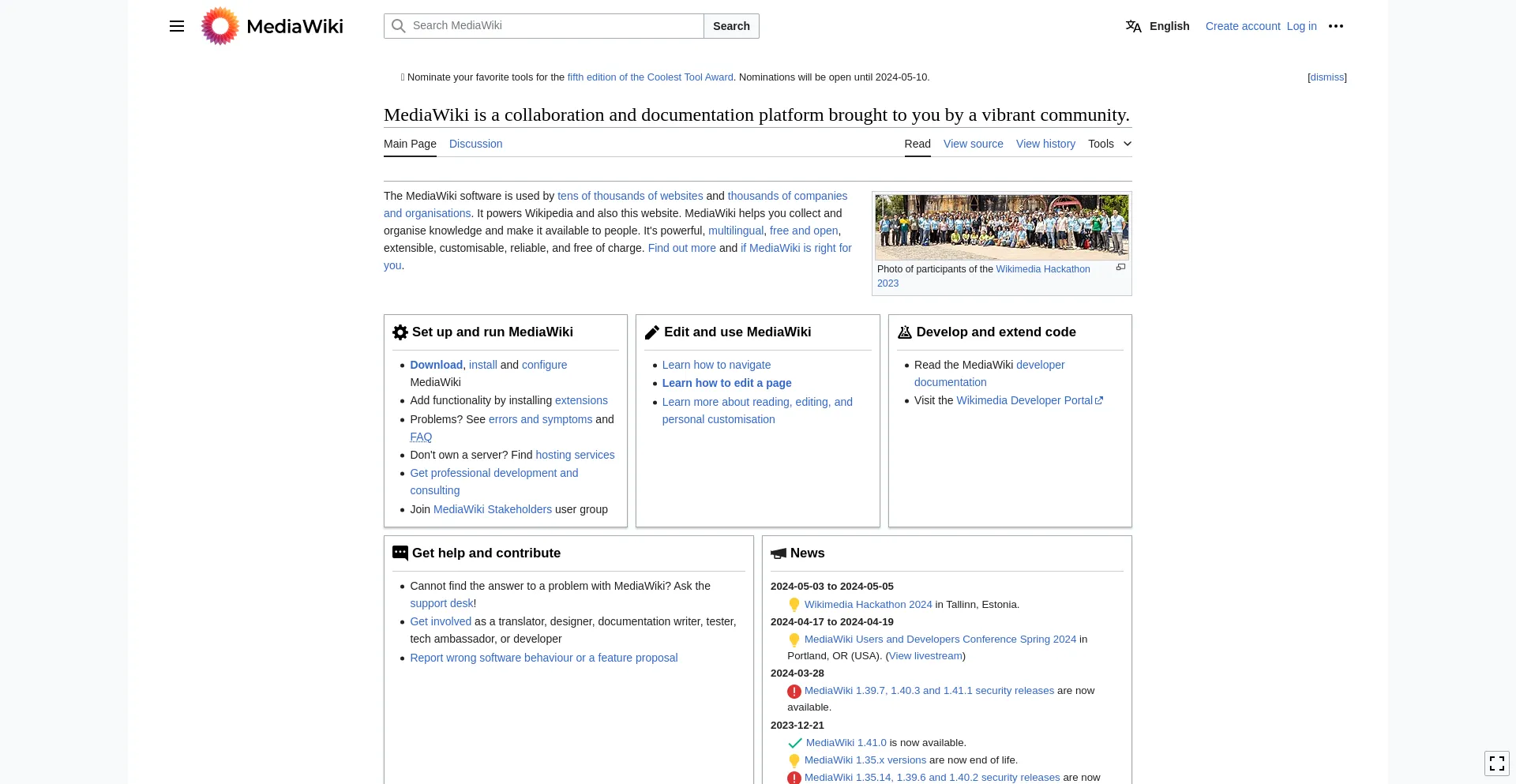 Screenshot of mediawiki.org homepage