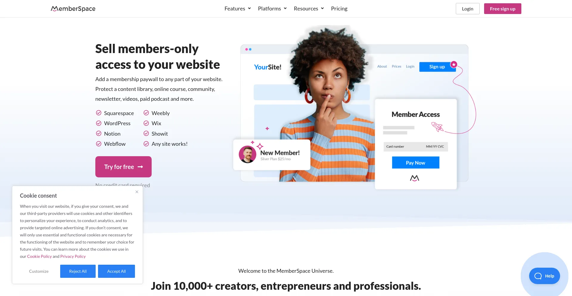 Screenshot of memberspace.com homepage