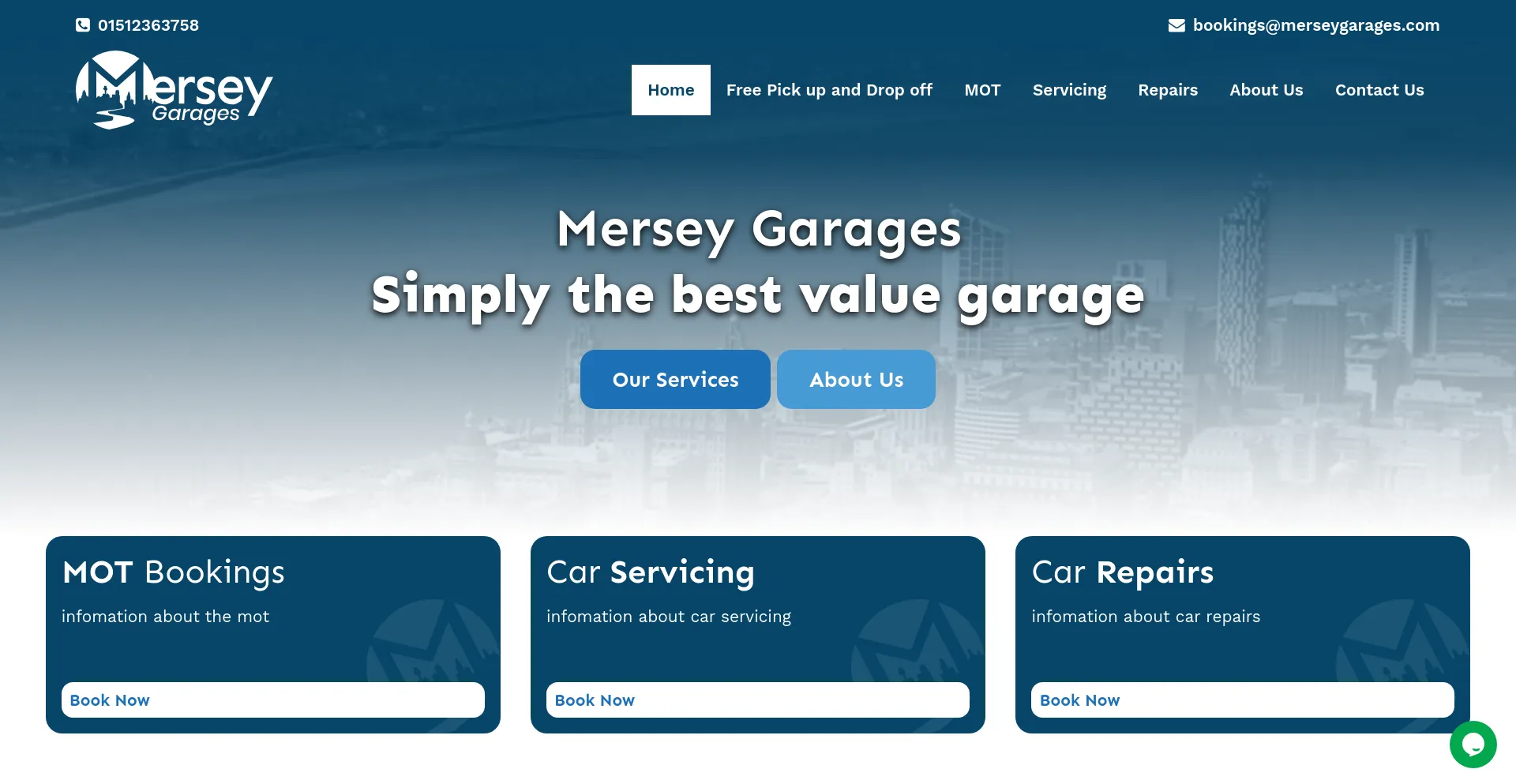 Screenshot of merseygarages.com homepage