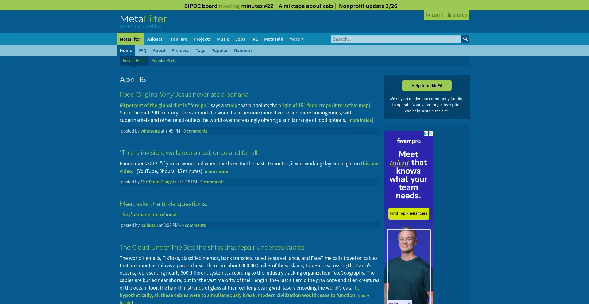 Screenshot of metafilter.com homepage