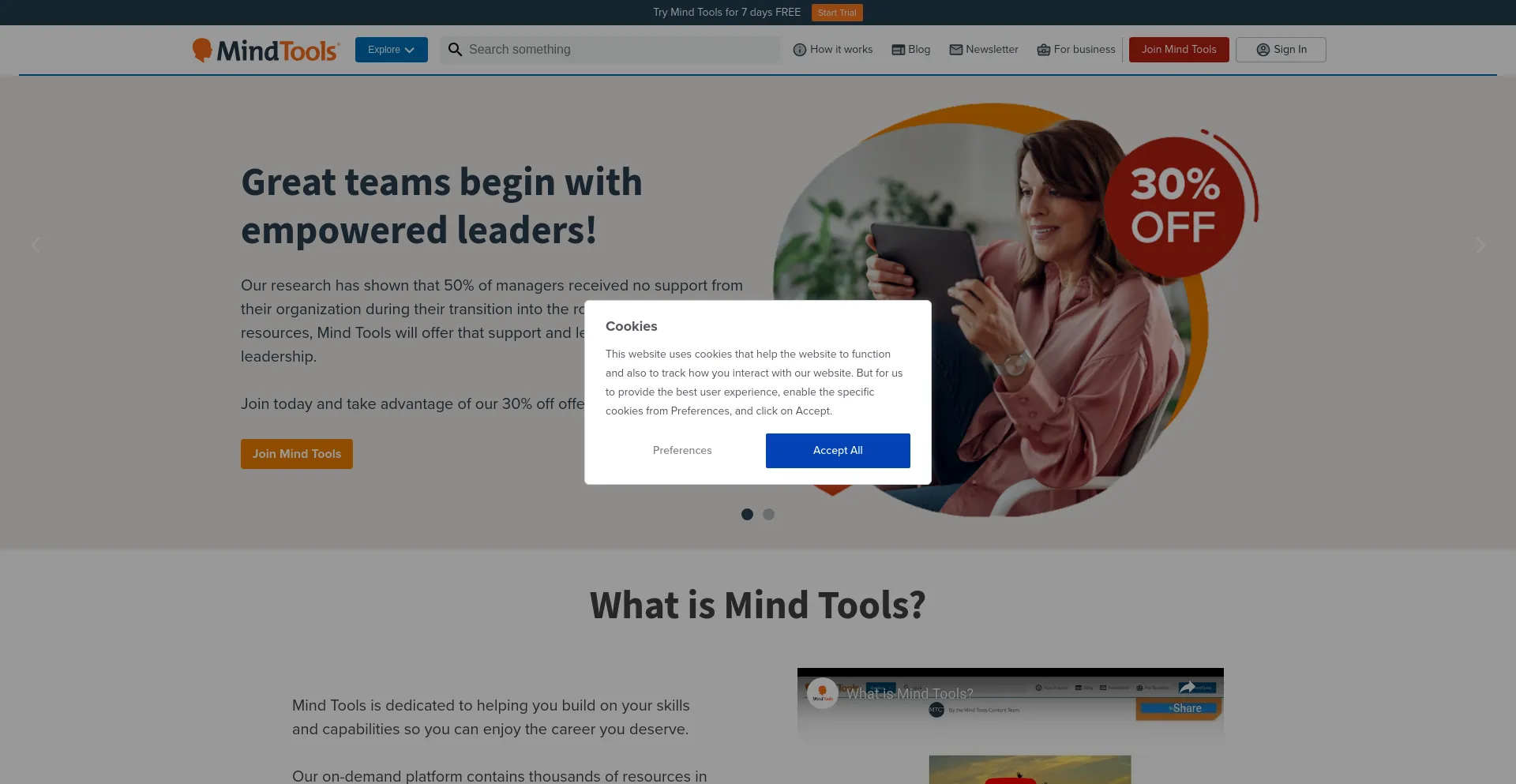 Screenshot of mindtools.com homepage