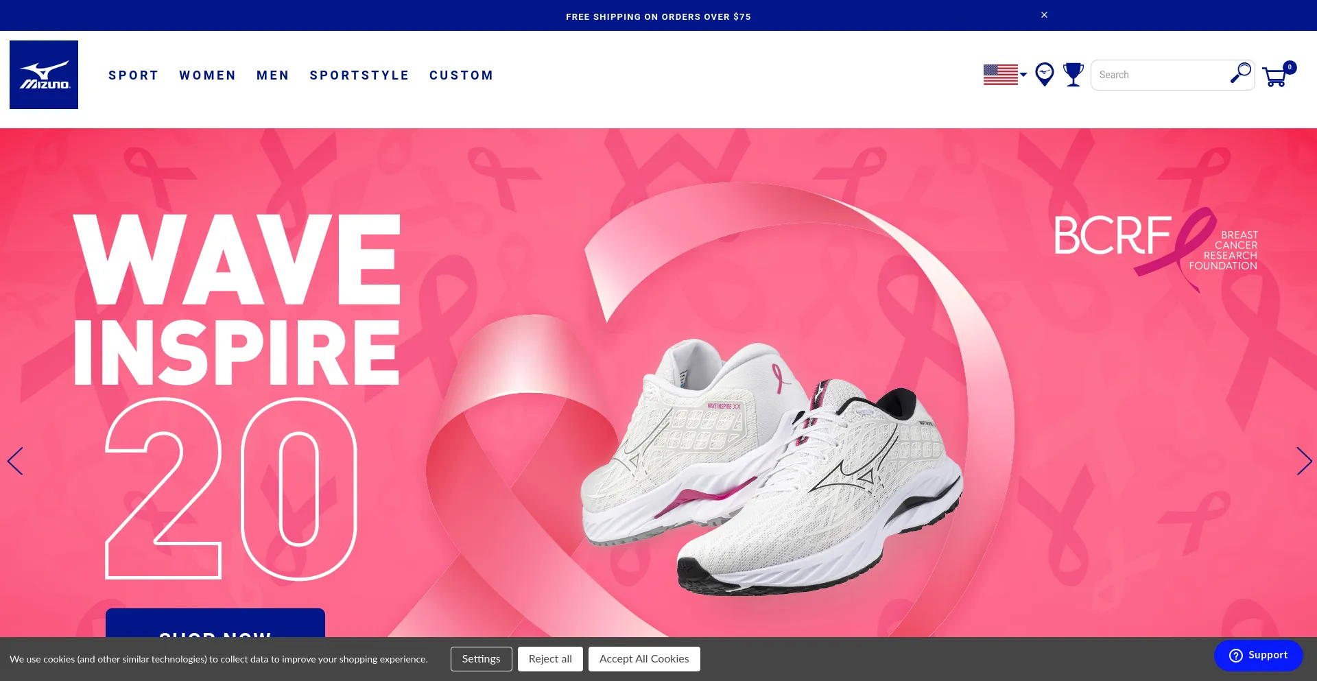 Screenshot of mizuno.com homepage