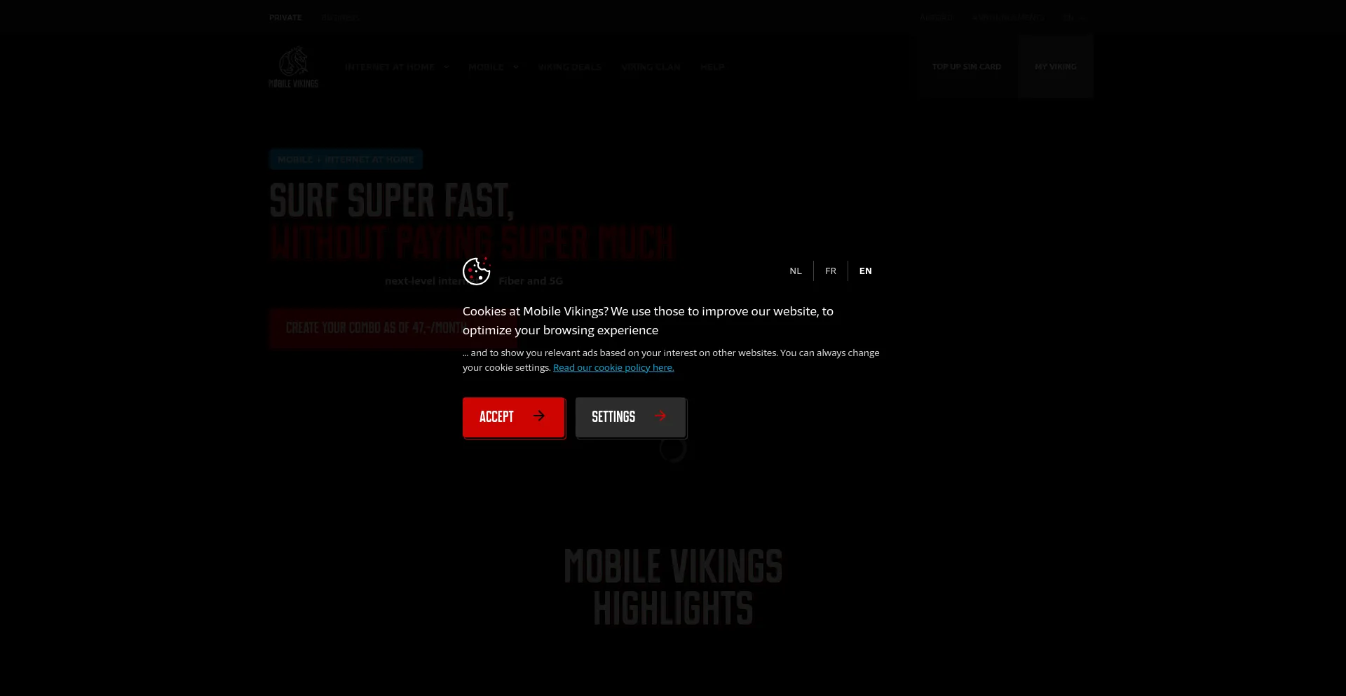 Screenshot of mobilevikings.be homepage