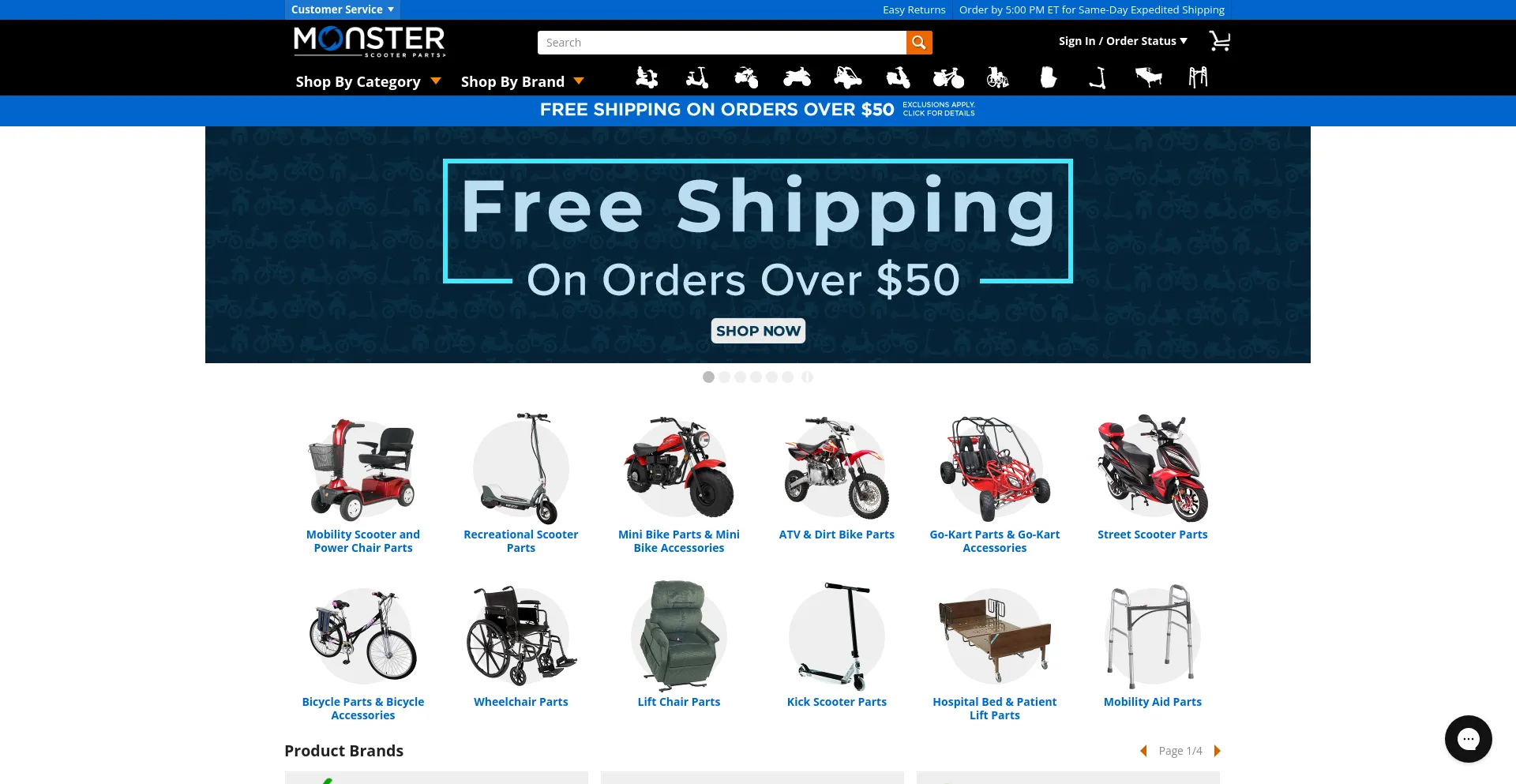 Screenshot of monsterscooterparts.com homepage