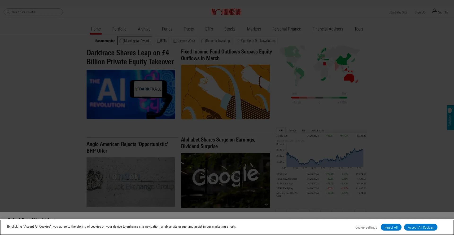 Screenshot of morningstar.co.uk homepage