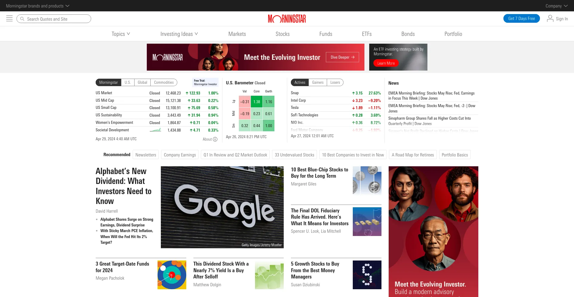 Screenshot of morningstar.com homepage