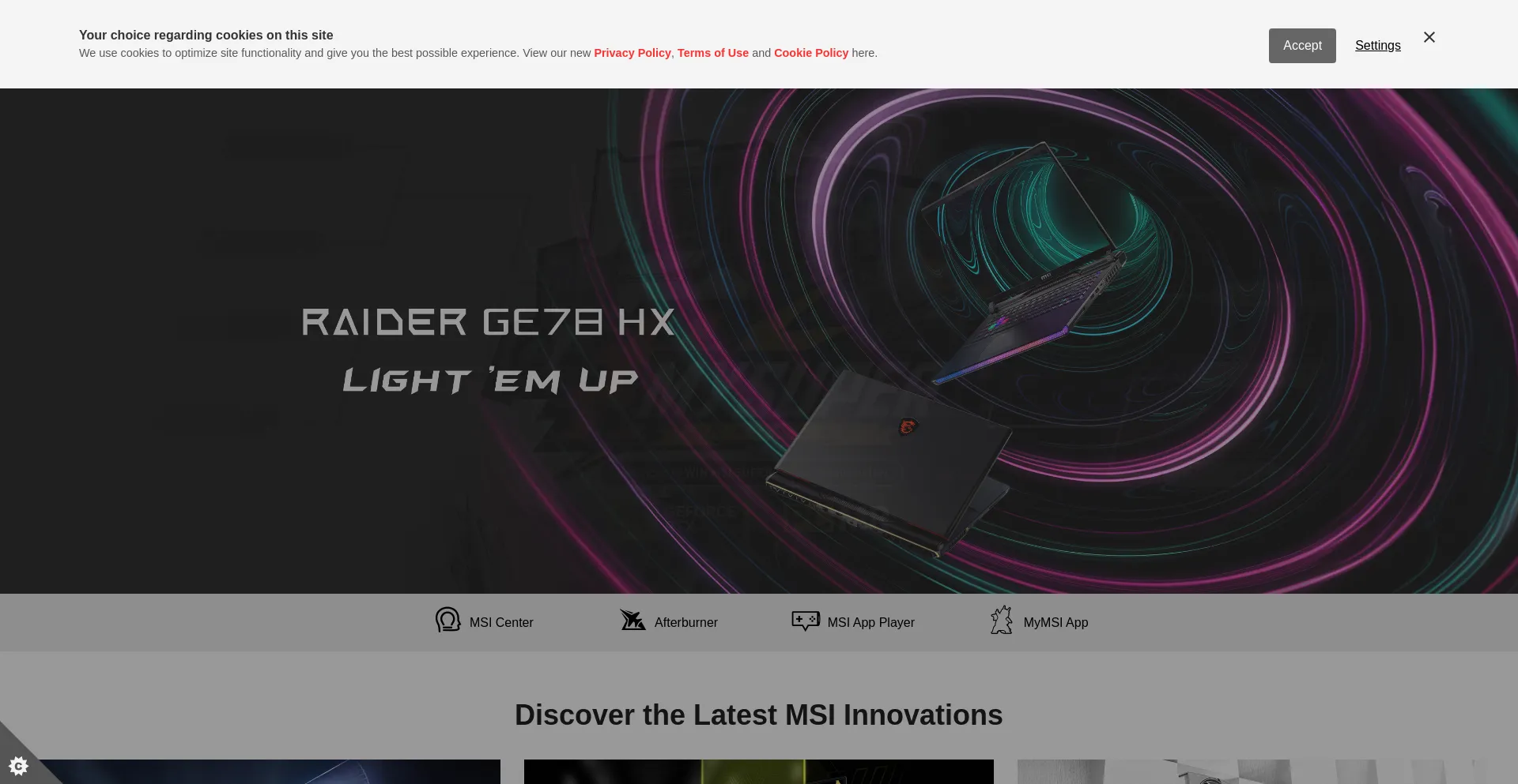 Screenshot of msi.com homepage