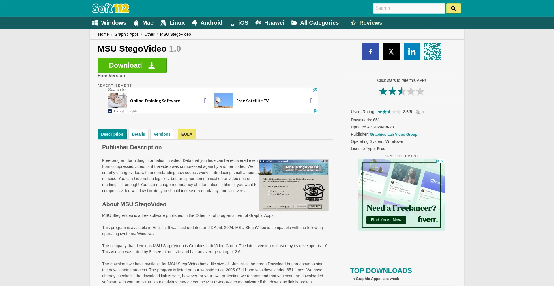 Screenshot of msu-stegovideo.soft112.com homepage