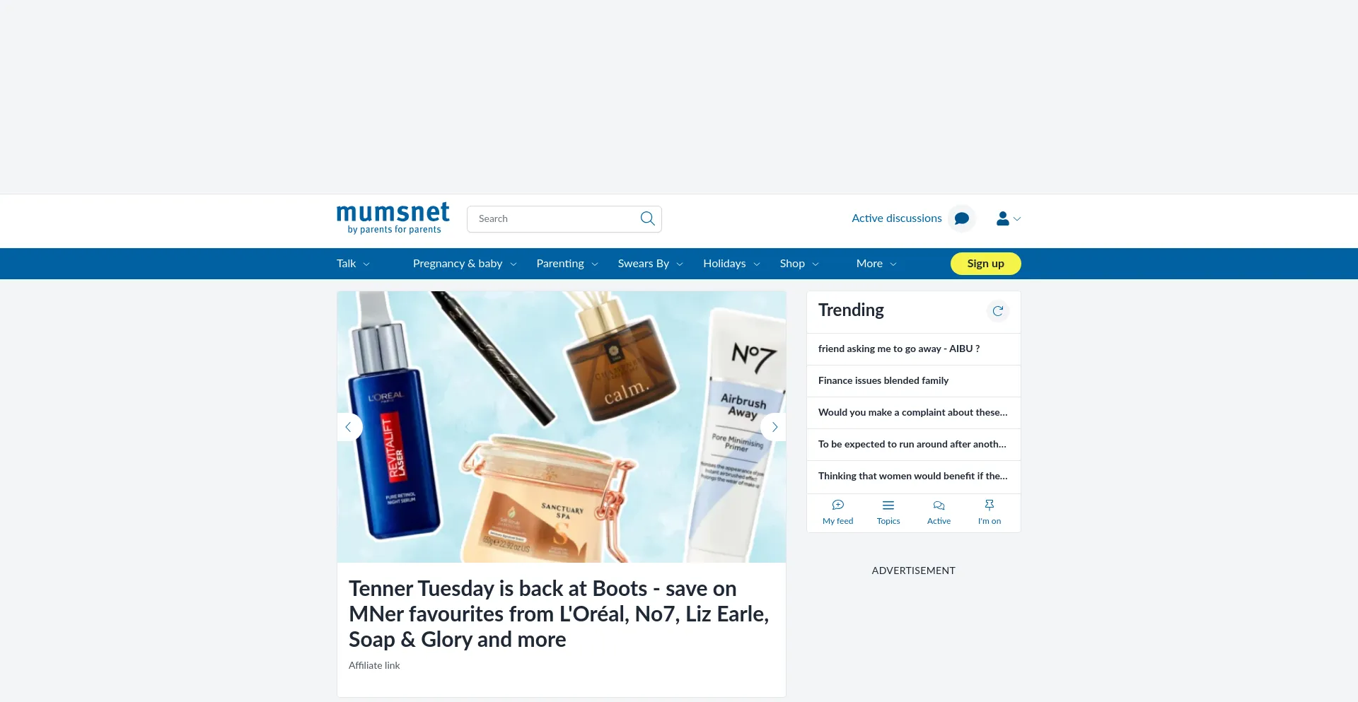 Screenshot of mumsnet.com homepage