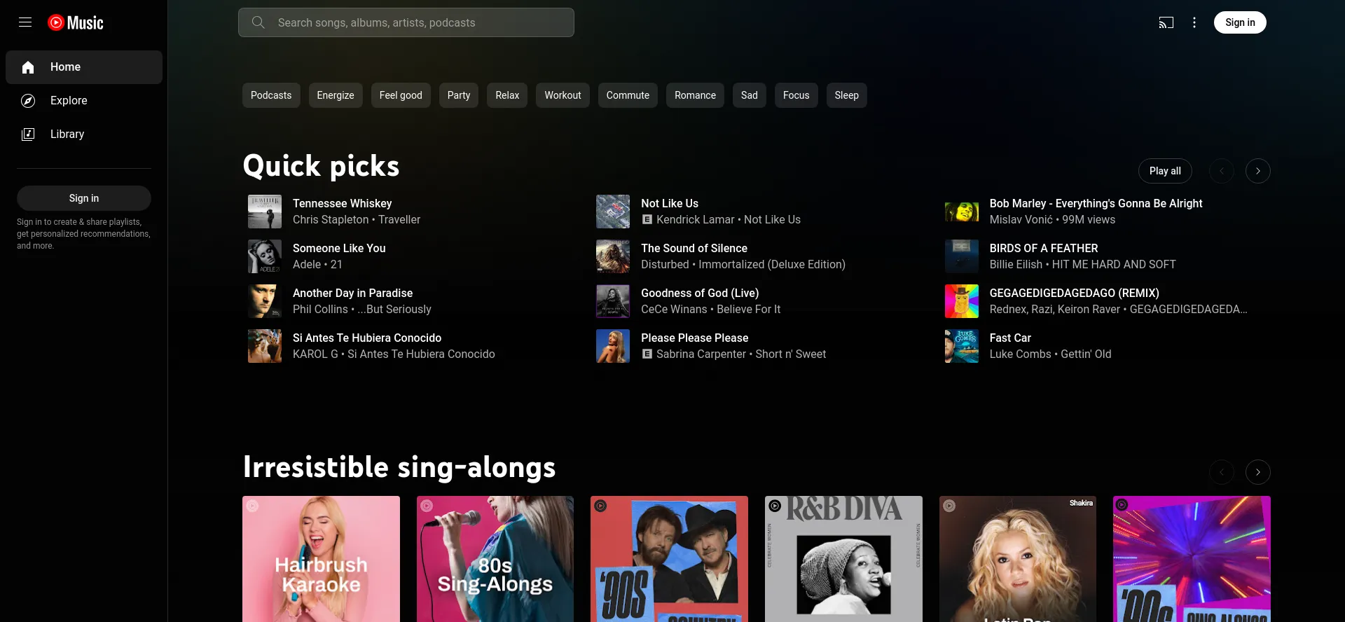 Screenshot of music.youtube.com homepage