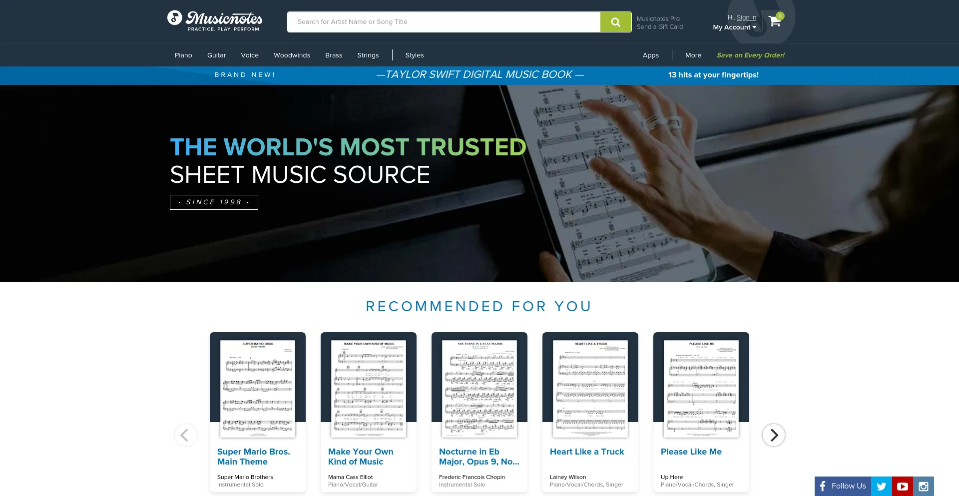 Screenshot of musicnotes.com homepage