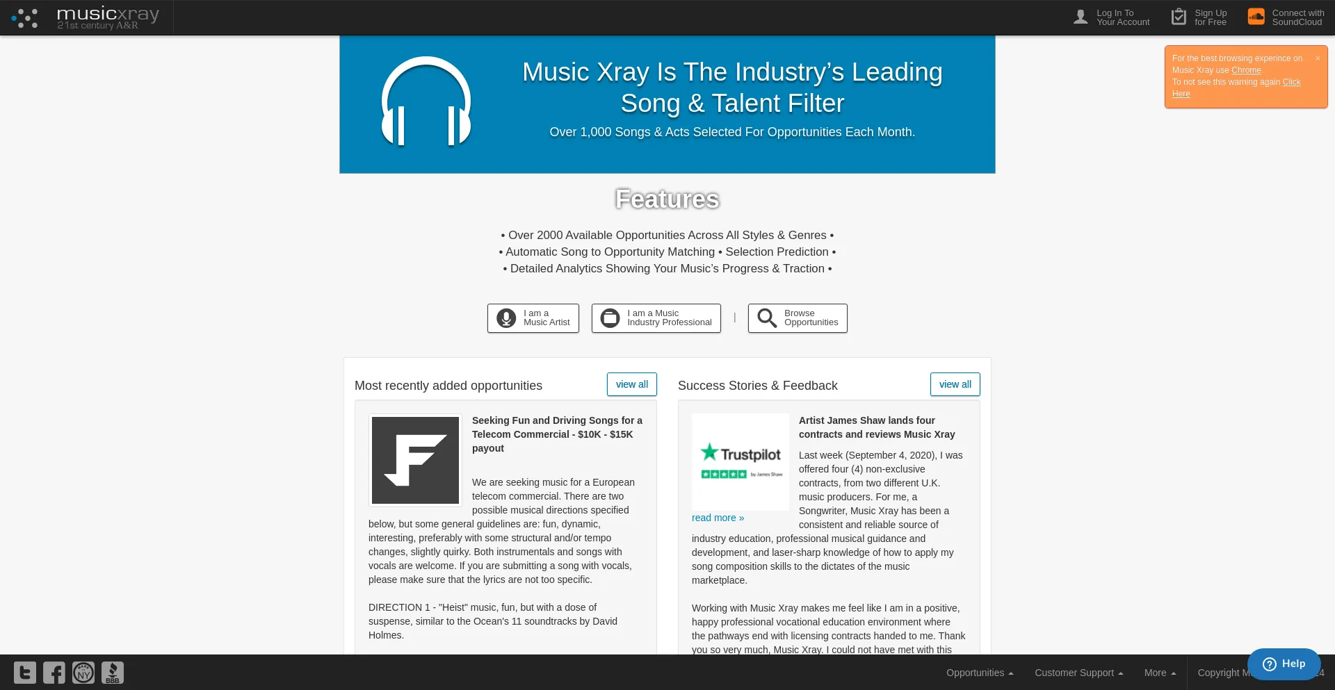 Screenshot of musicxray.com homepage