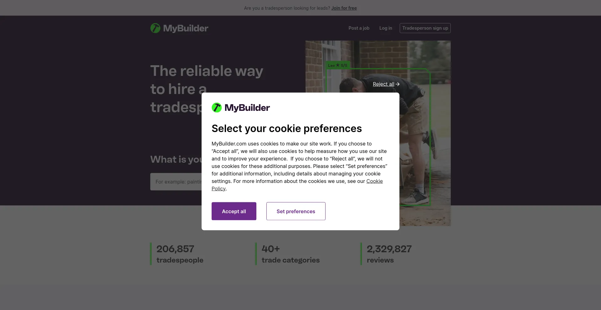 Screenshot of mybuilder.com homepage