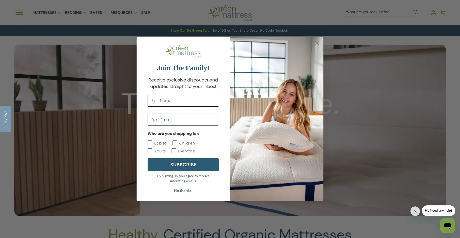 Screenshot of mygreenmattress.com homepage