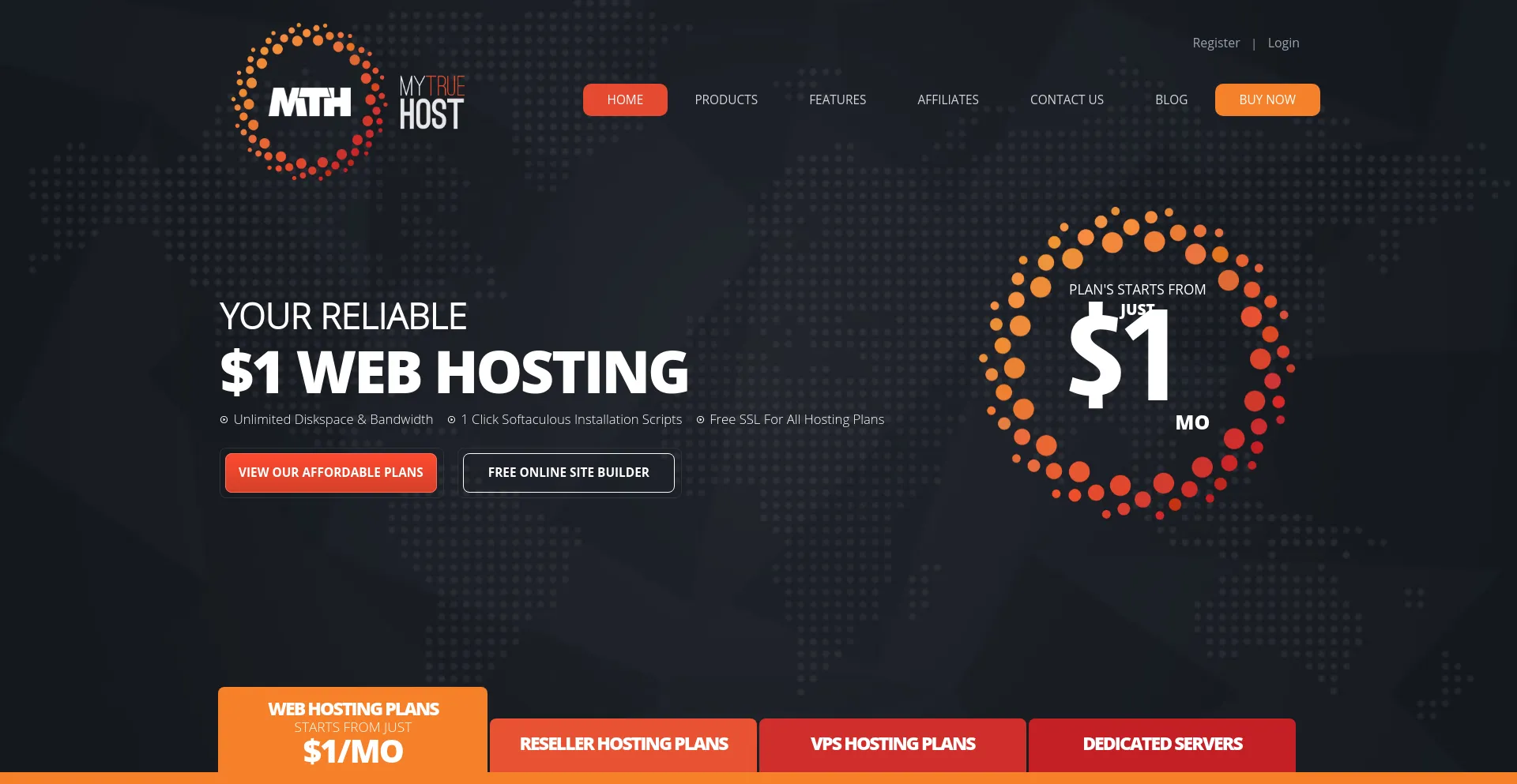 Screenshot of mytruehost.com homepage