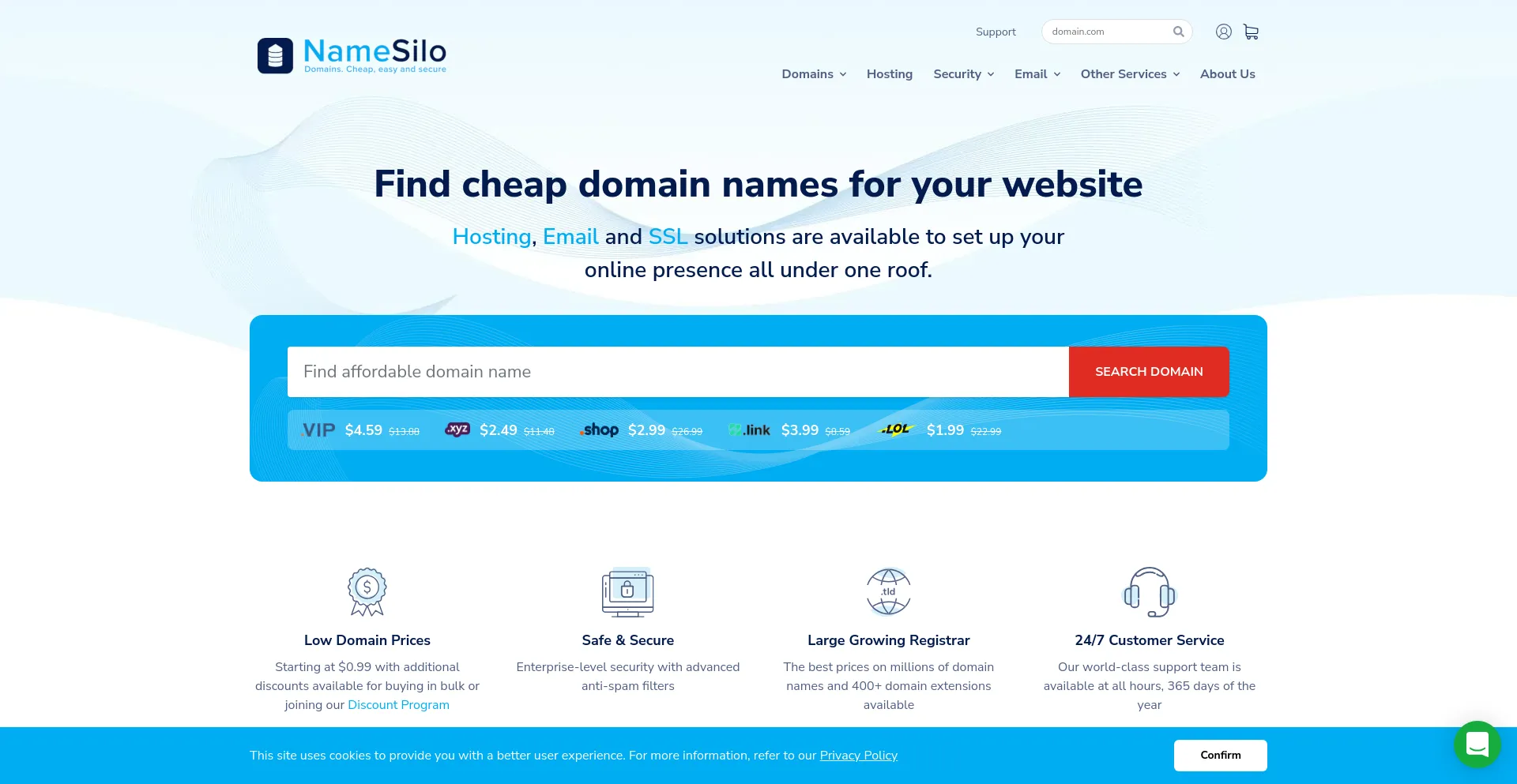 Screenshot of namesilo.com homepage