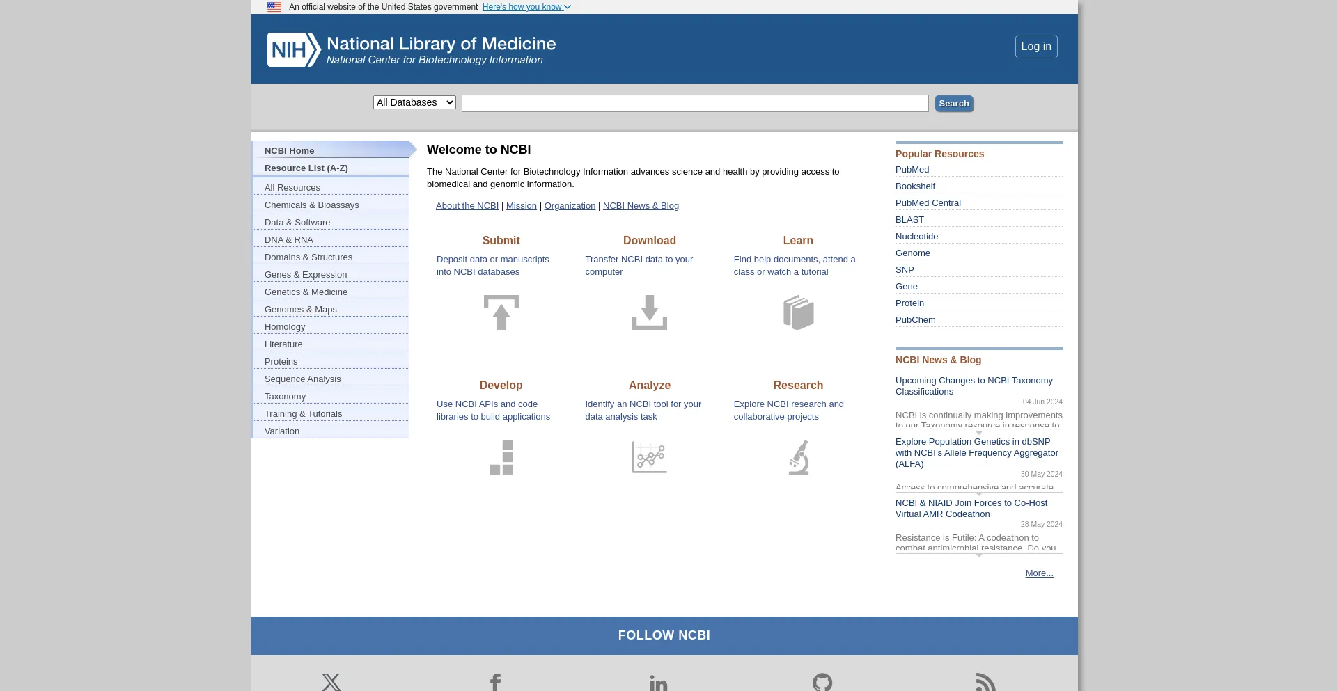 Screenshot of ncbi.nlm.nih.gov homepage