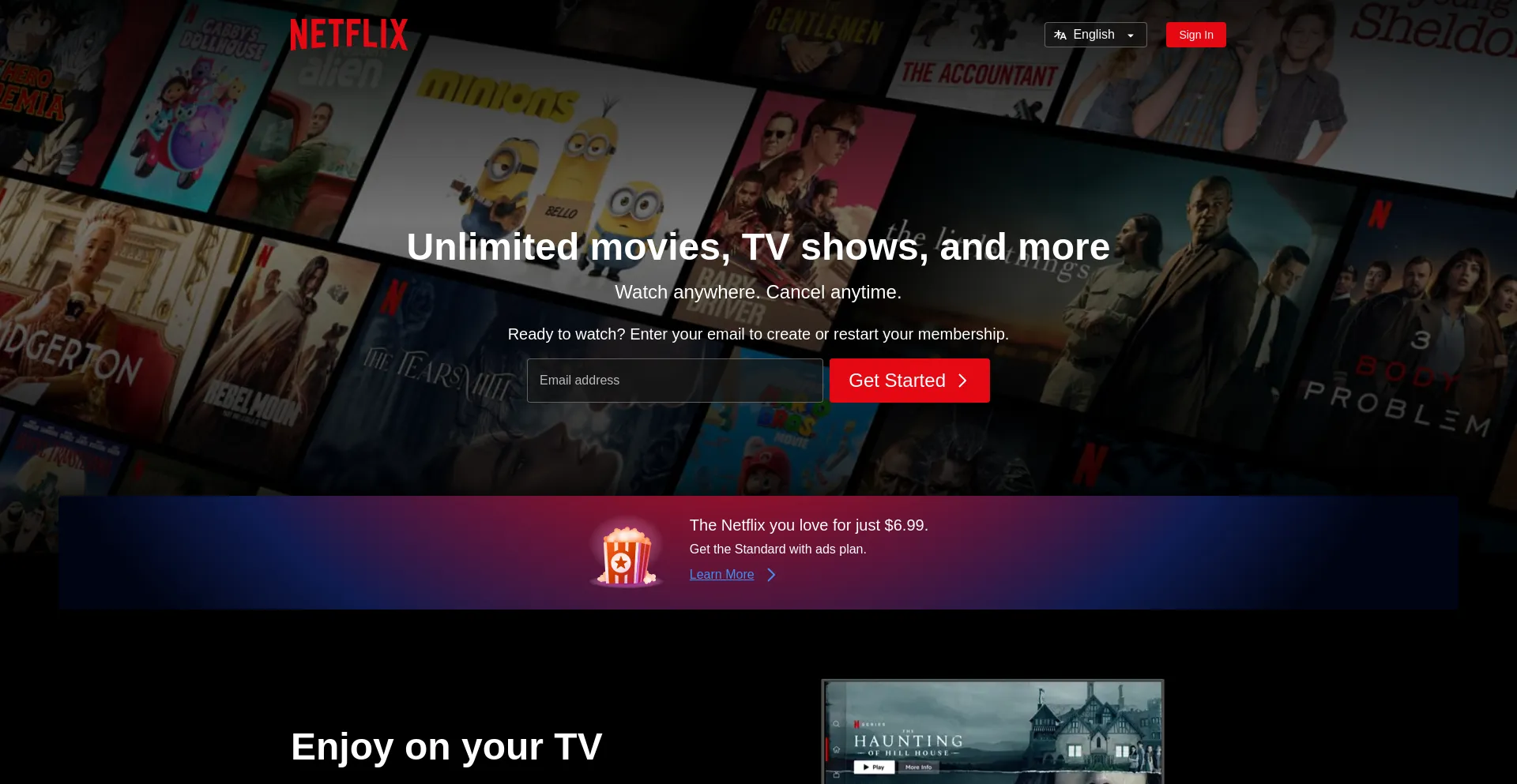 Screenshot of netflix.com homepage