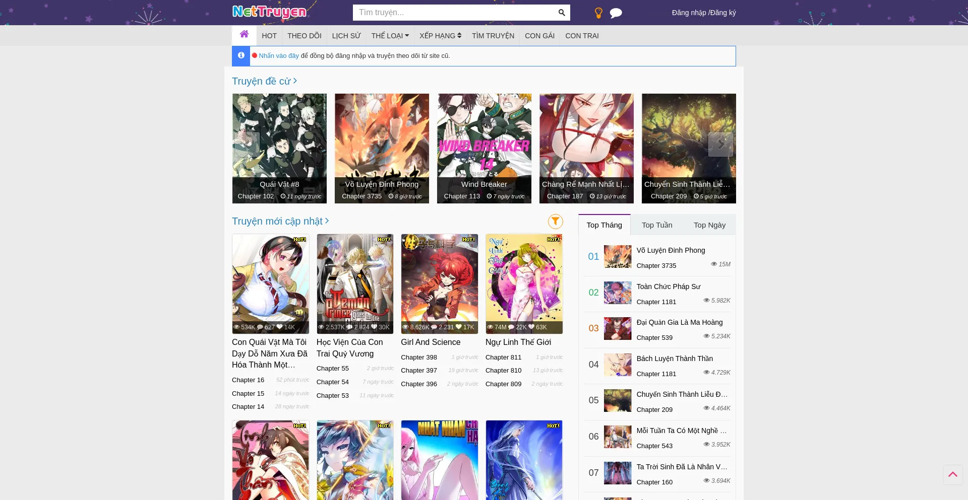 Screenshot of nettruyenee.com homepage