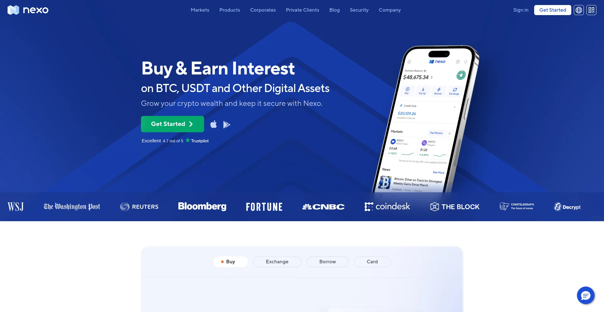 Screenshot of nexo.io homepage