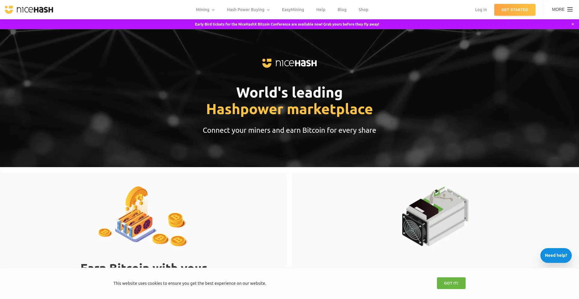 Screenshot of nicehash.com homepage