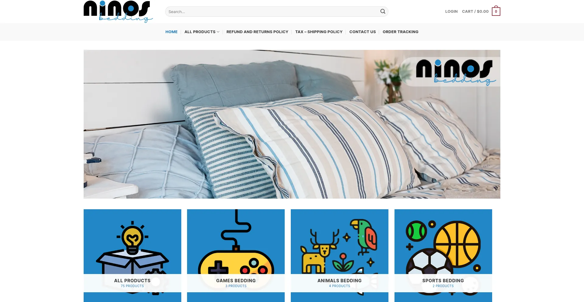 Screenshot of ninosbedding.com homepage