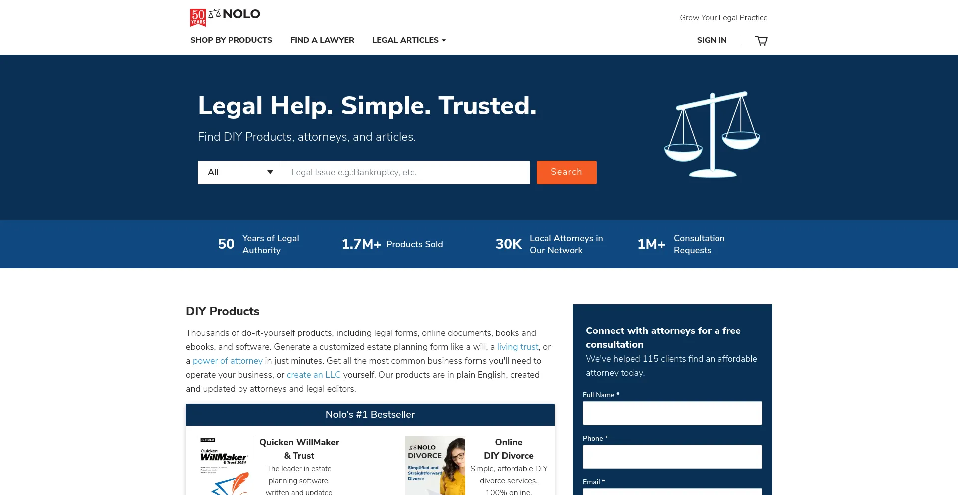 Screenshot of nolo.com homepage